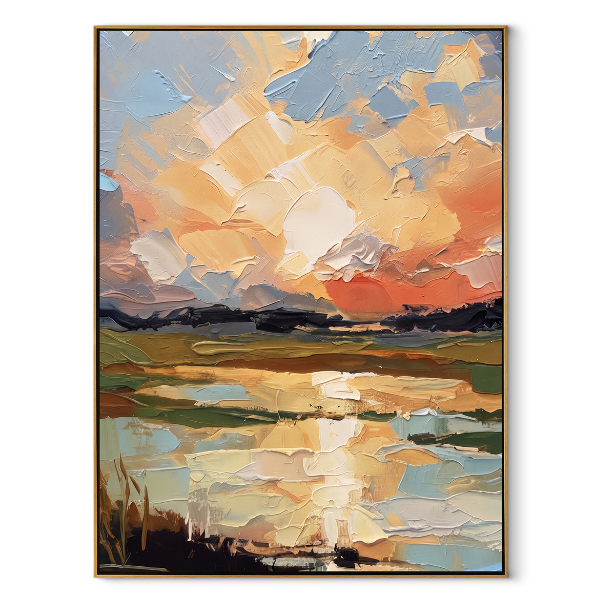 Sunset Finds the Water vertical canvas artwork in a wood frame on a white background
