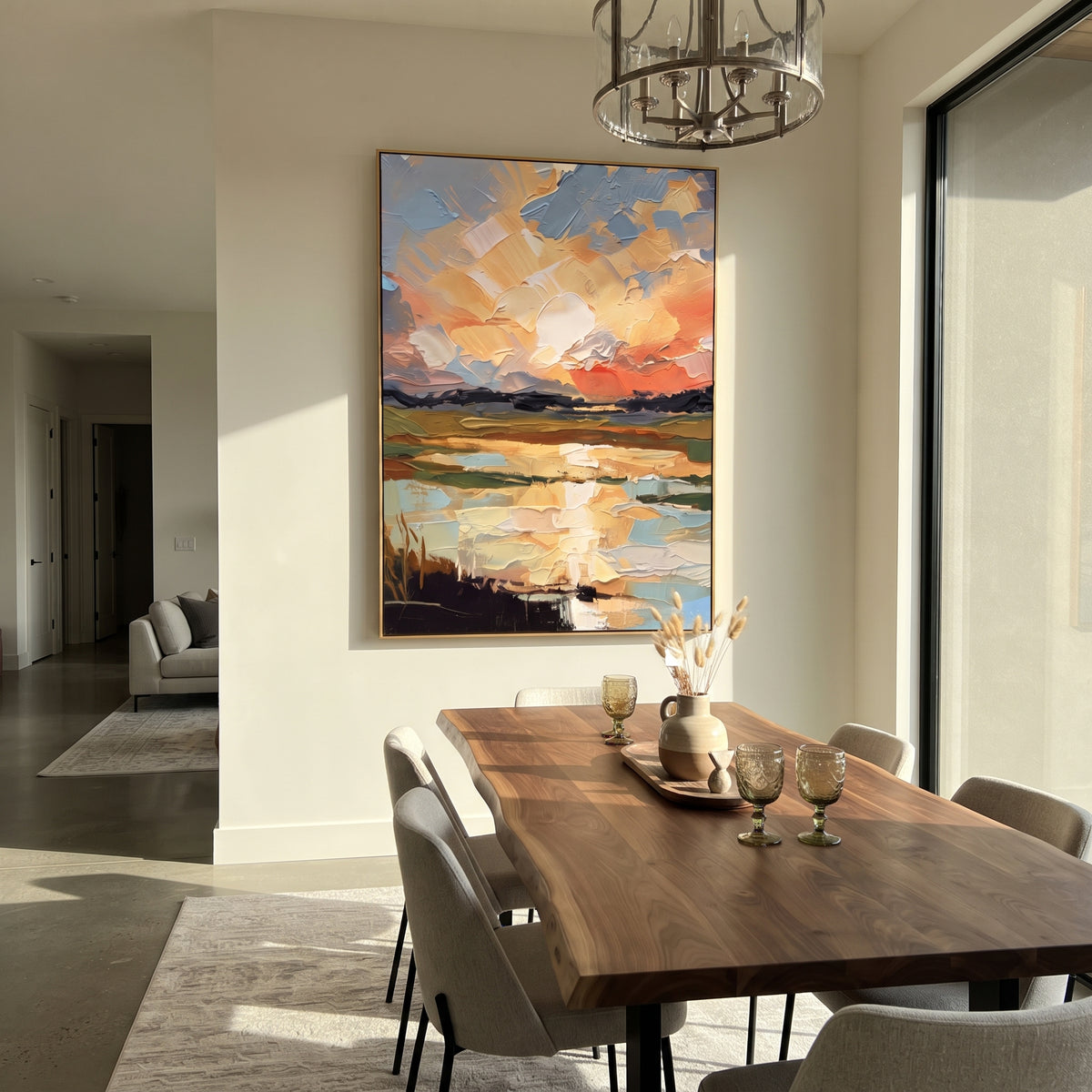 Sunset Finds the Water vertical painting displayed as a room focal point