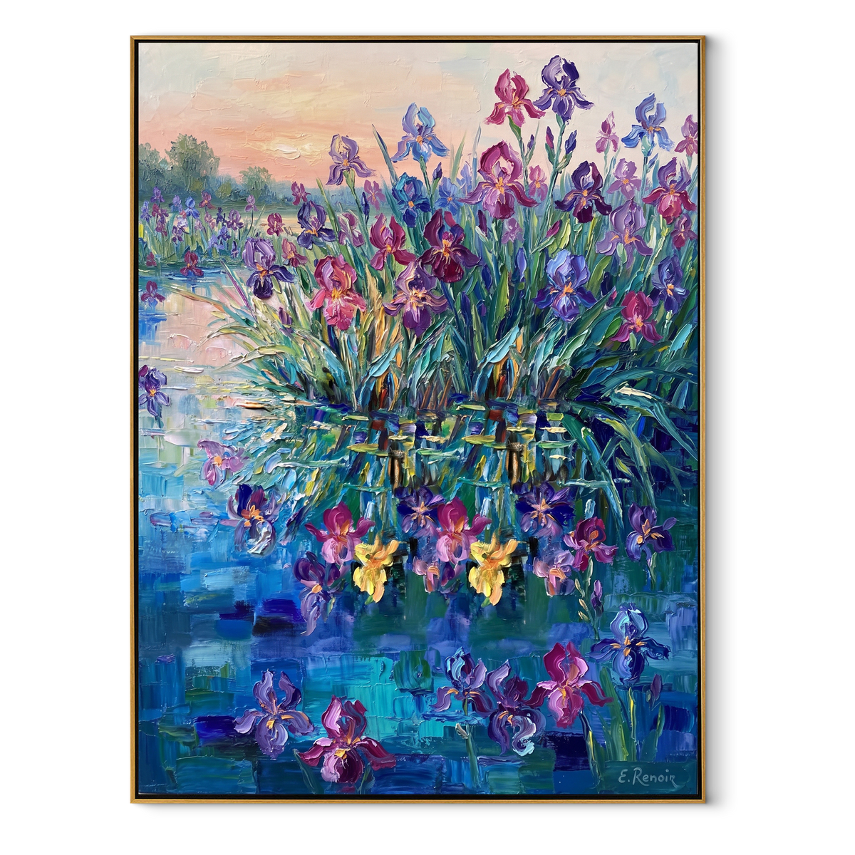 Violet Shore in Bloom vertical canvas artwork in a wood frame on a white background
