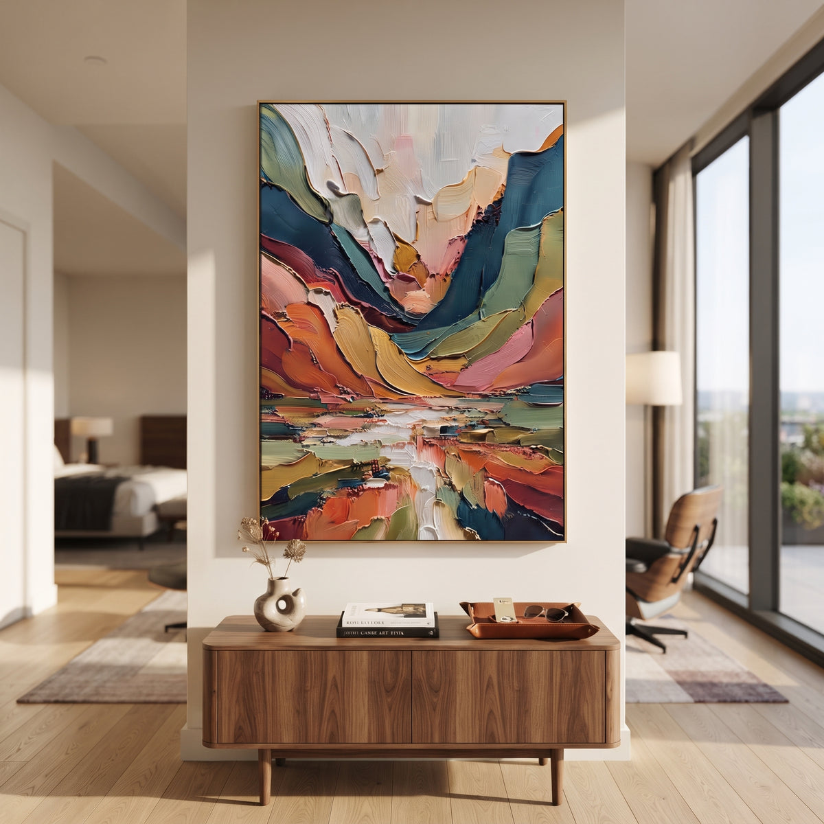 Canyon Colors Converge vertical painting displayed as a room focal point