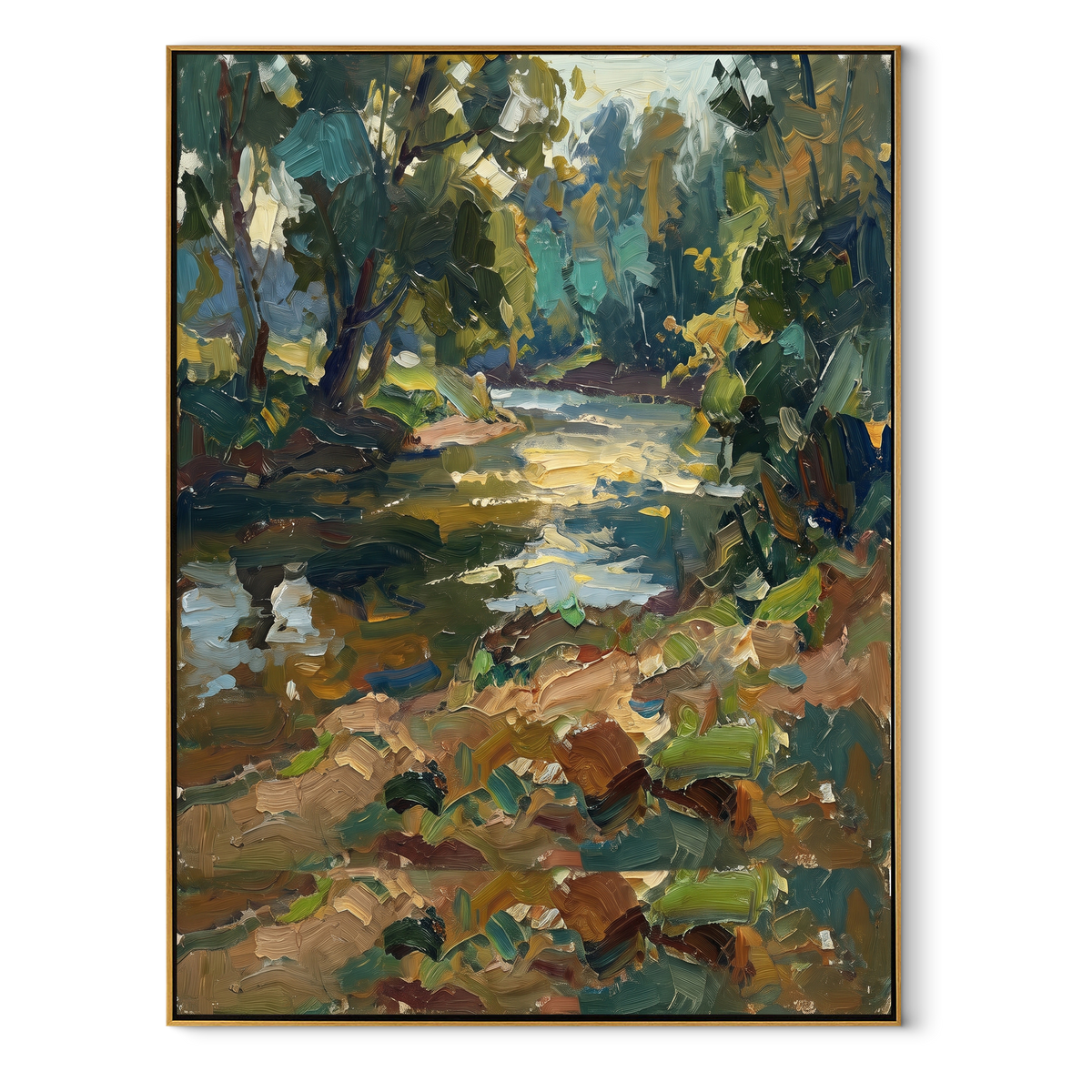 Creek Through Deep Green vertical canvas artwork in a wood frame on a white background