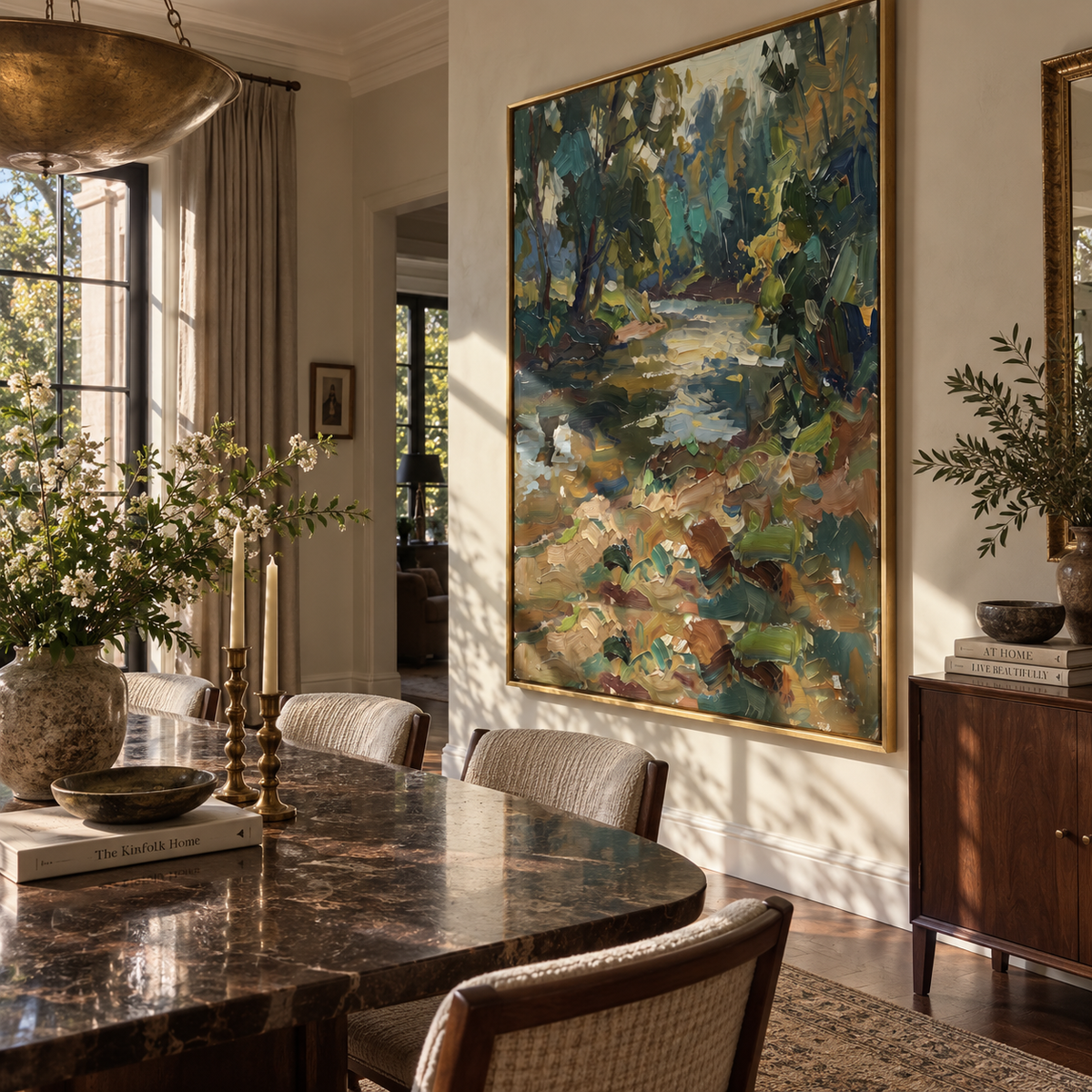 Creek Through Deep Green artwork shown with modern interior materials