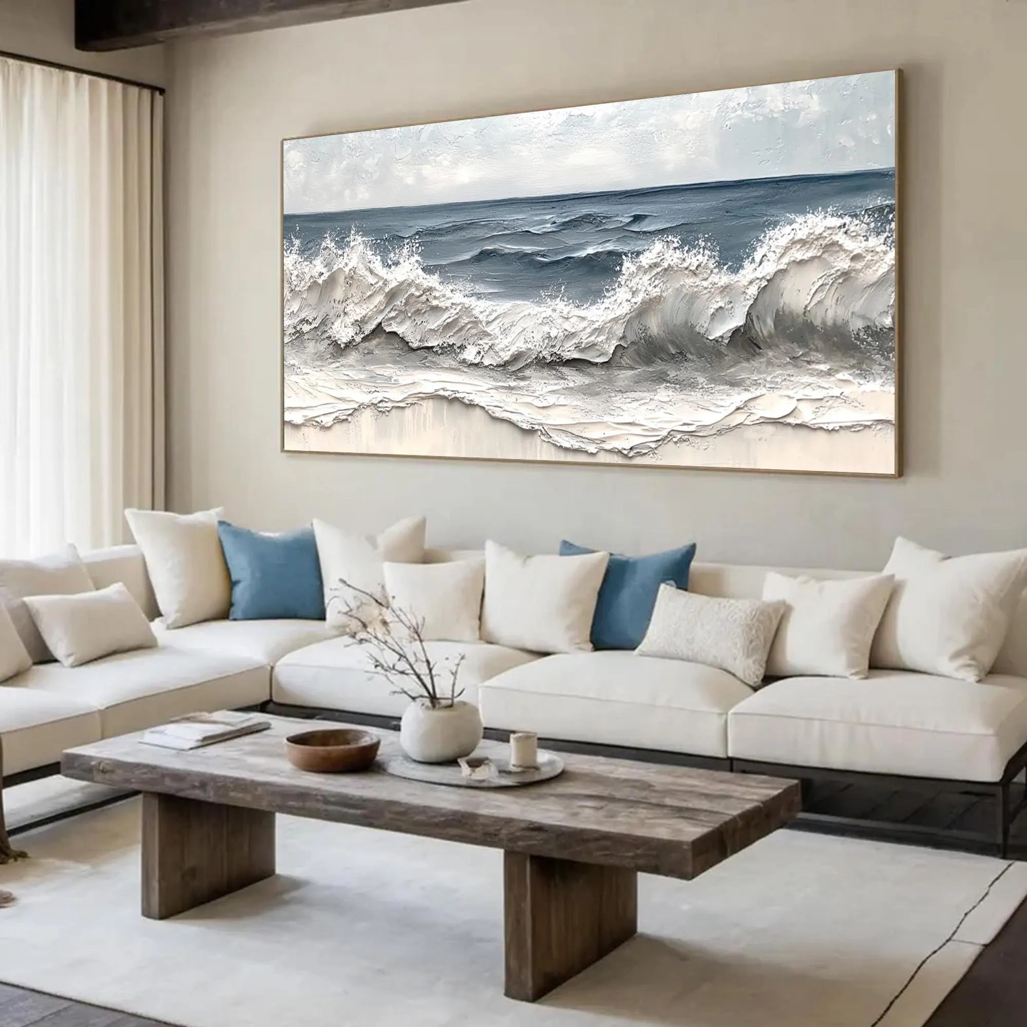 Deep Sea Echo – Modern Textured Painting | Creative Navy Blue Crashing Wave Living Room Decor