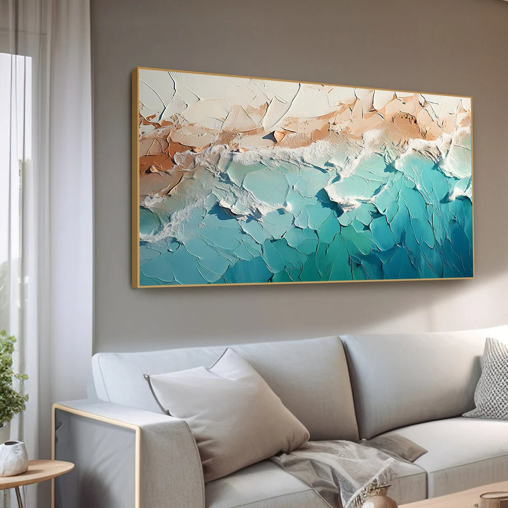 Emerald Coast – Hand-Painted Emerald Green and Sand Plaster Relief Texture Painting | Japandi Organic Texture Living Room & Bedroom Art