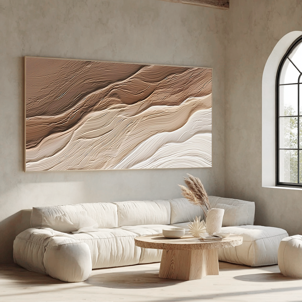 Sedimentary Flow – Hand-Painted Chocolate and Oat Linear Plaster Relief Texture Painting | Contemporary Plaster Texture Living Room & Office Art