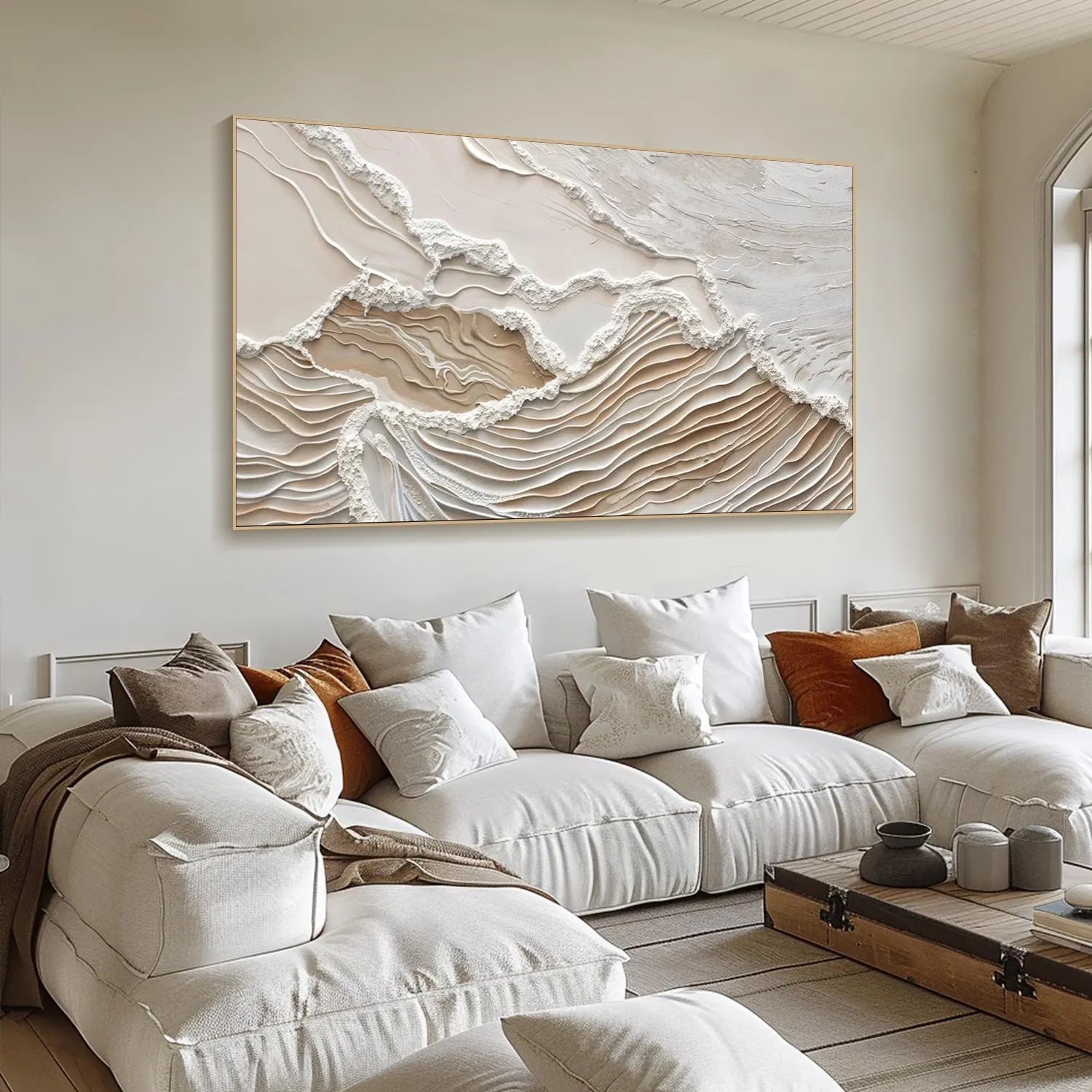 Earthen Strata – Hand-Painted Oatmeal and Tan Linear Plaster Relief Texture Painting | Japandi Organic Wabi-Sabi Living Room & Hallway Art