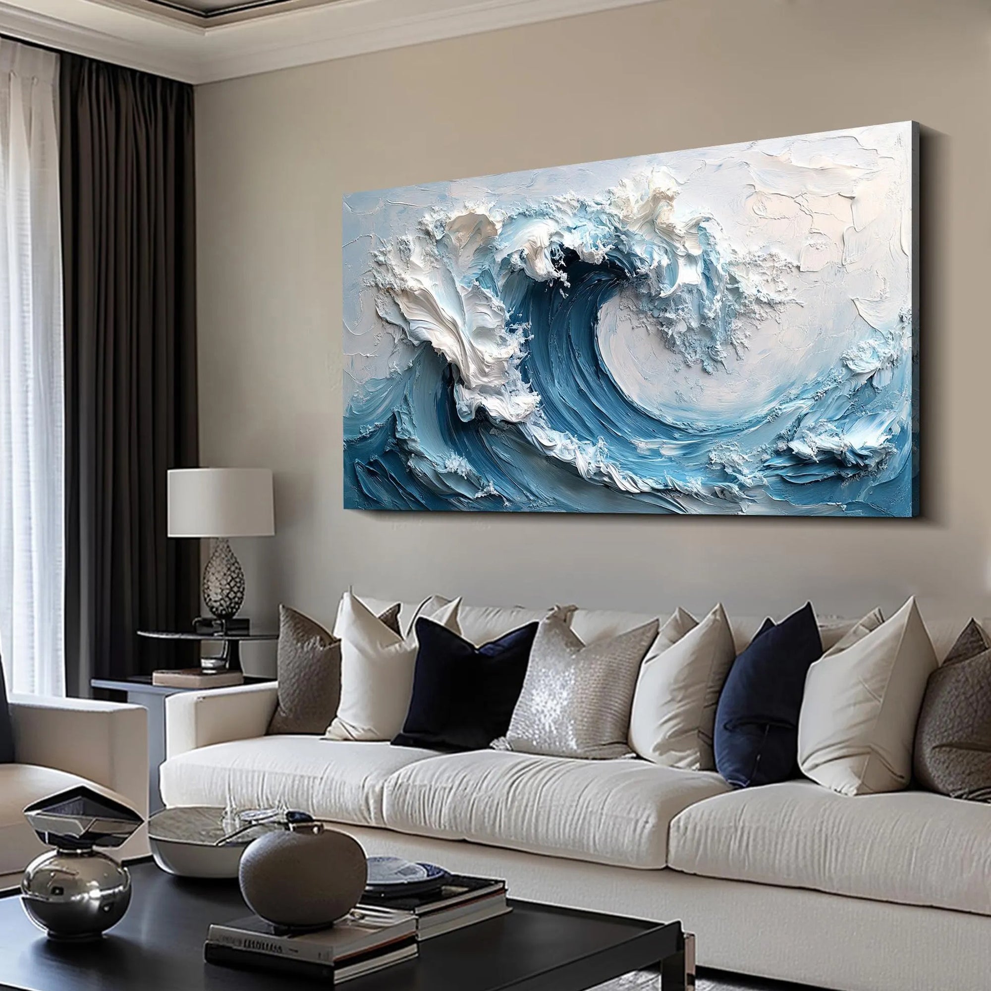 Arctic Surge – Hand-Painted Deep Blue and White 3D Impasto Palette Knife Texture Painting | Modern Abstract Living Room & Office Art