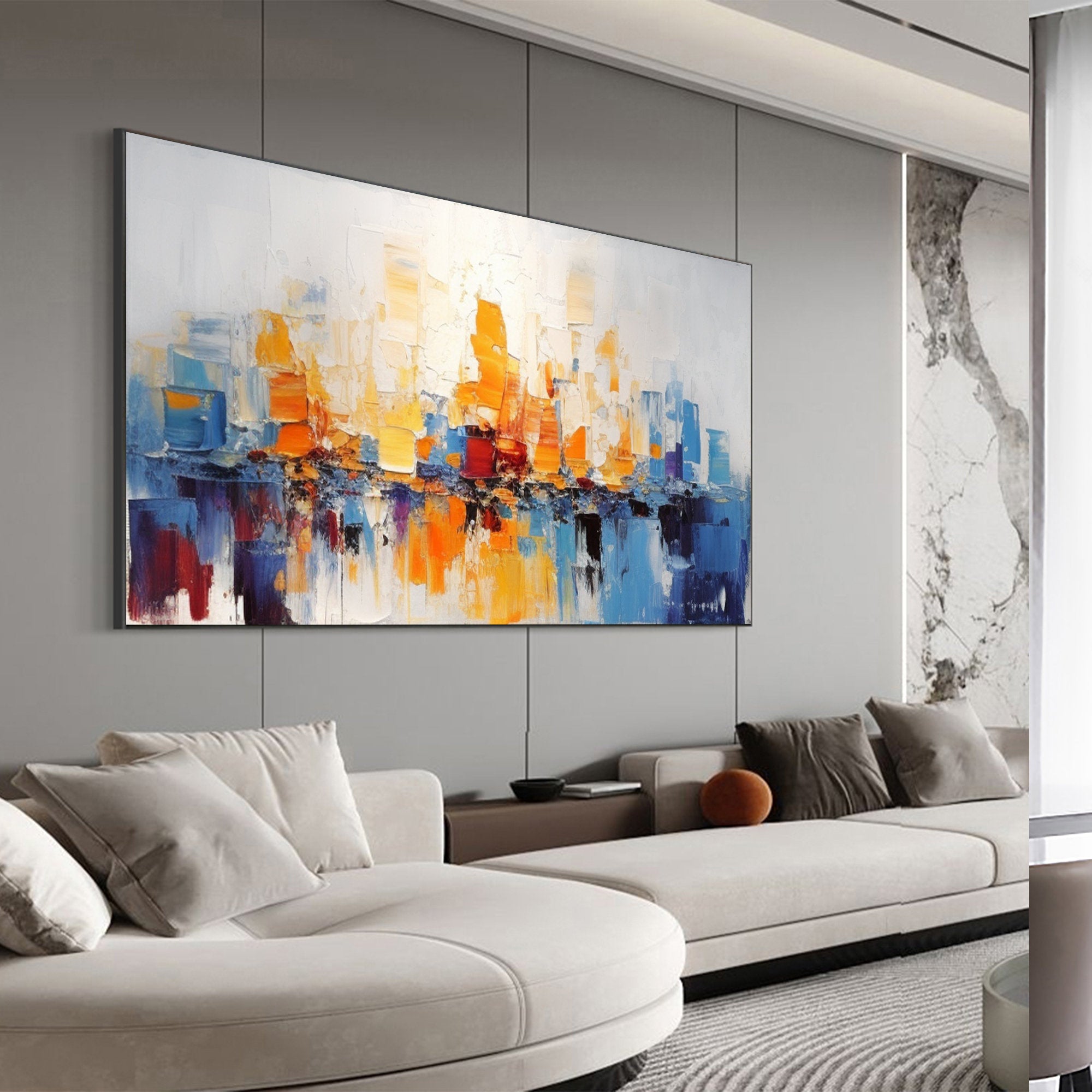 Urban Silhouette – Hand-Painted Yellow and Blue Cityscape Abstract Texture Painting | Modern Abstract Living Room & Office Art