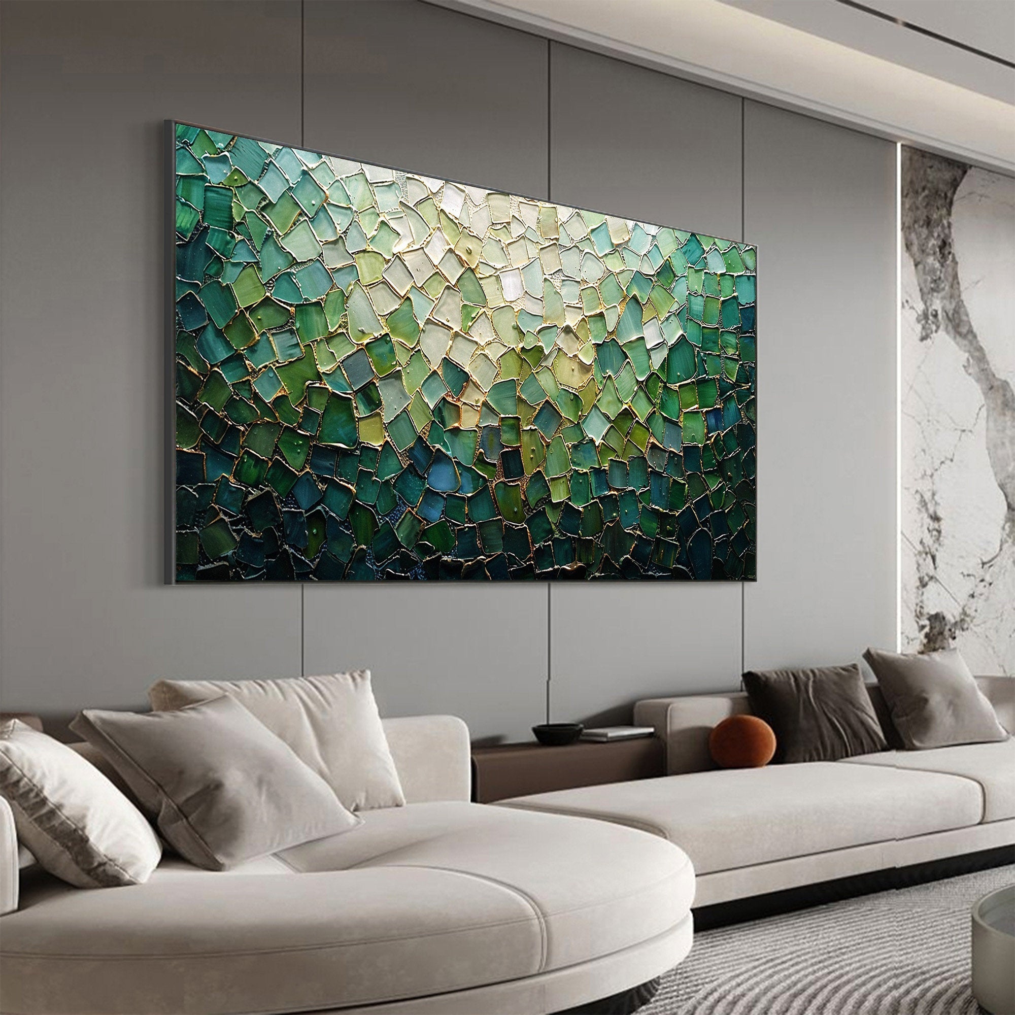 Emerald Mosaic – Hand-Painted Emerald Green and Mint 3D Plaster Relief Texture Painting | Modern Abstract Living Room & Office Art