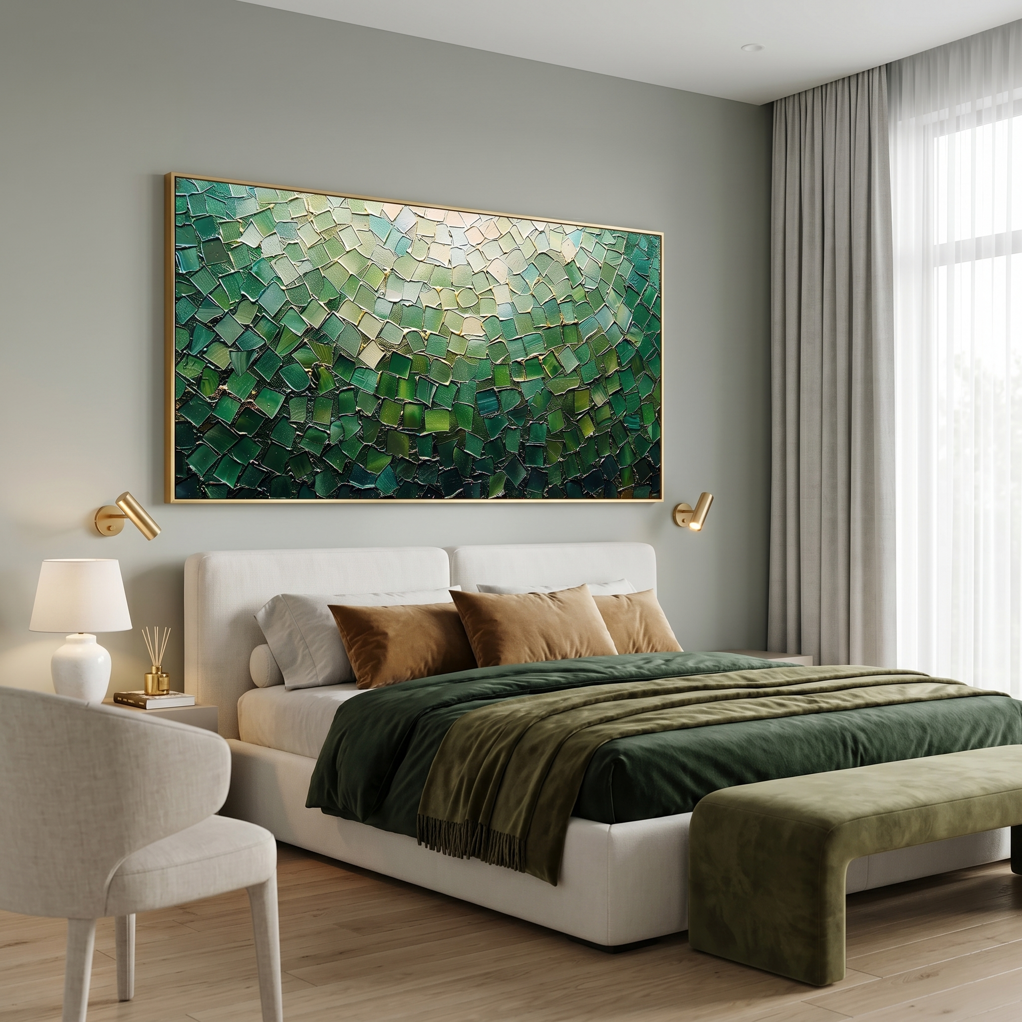 Emerald Scales – Modern Impasto Mosaic Abstract Painting | Luxury Gilded Teal Panorama Living Room Art