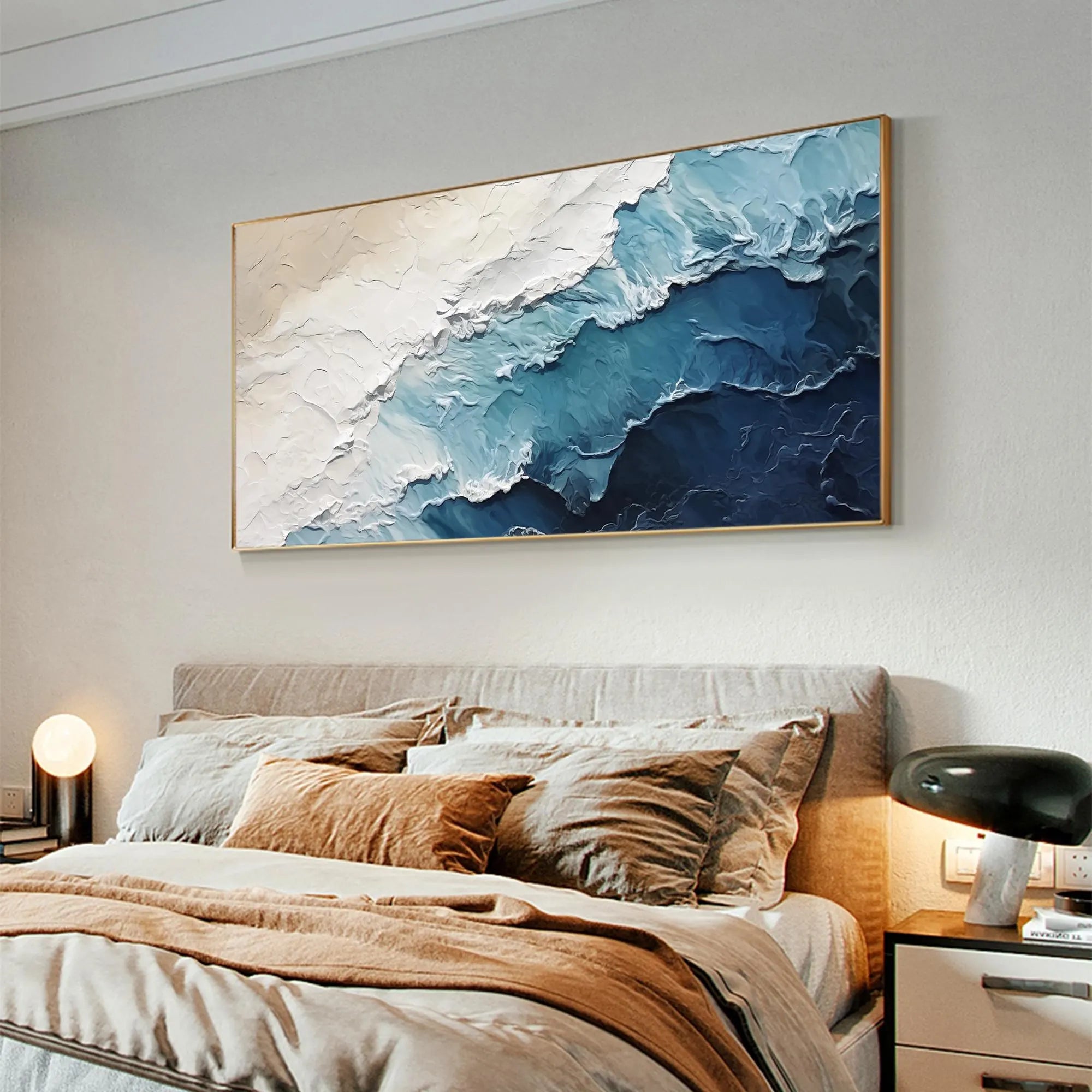 Ocean Strata – Hand-Painted Deep Blue and Cream 3D Impasto Palette Knife Texture Painting | Modern Abstract Living Room & Office Art