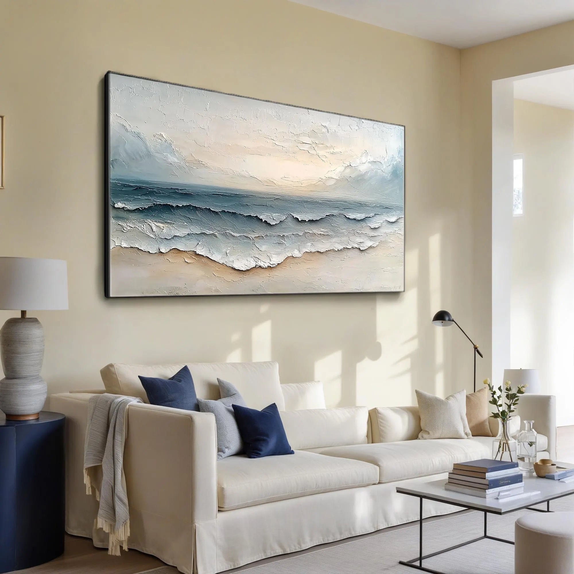 Creamy Shore – Hand-Painted Off-White and Pale Blue 3D Textured Coastal Texture Painting | Coastal Modern Living Room & Bedroom Art
