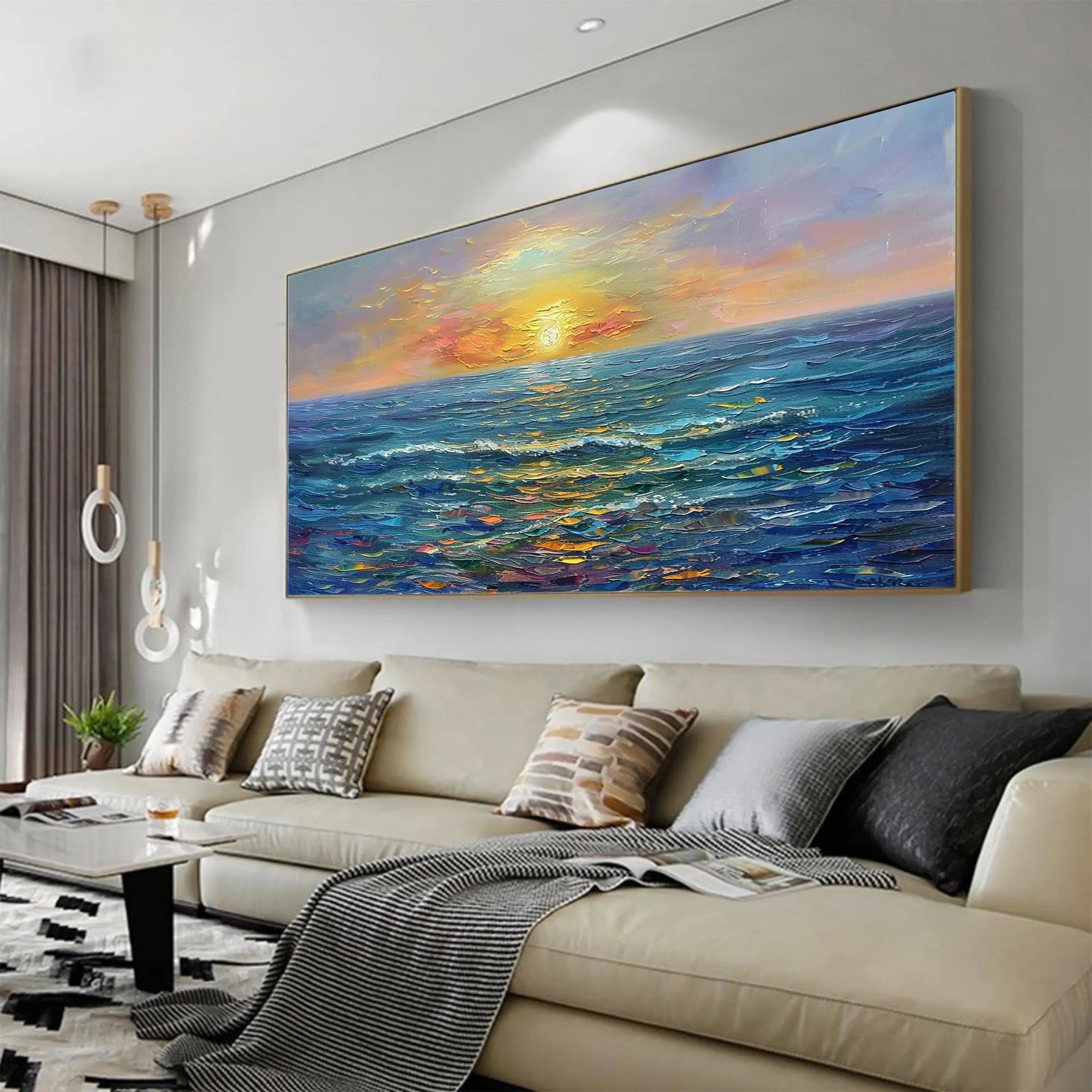 Ocean Reflection – Hand-Painted Deep Blue Sea Sunset 3D Heavy Texture Palette Knife Texture Painting | Coastal Modern Living Room & Bedroom Art