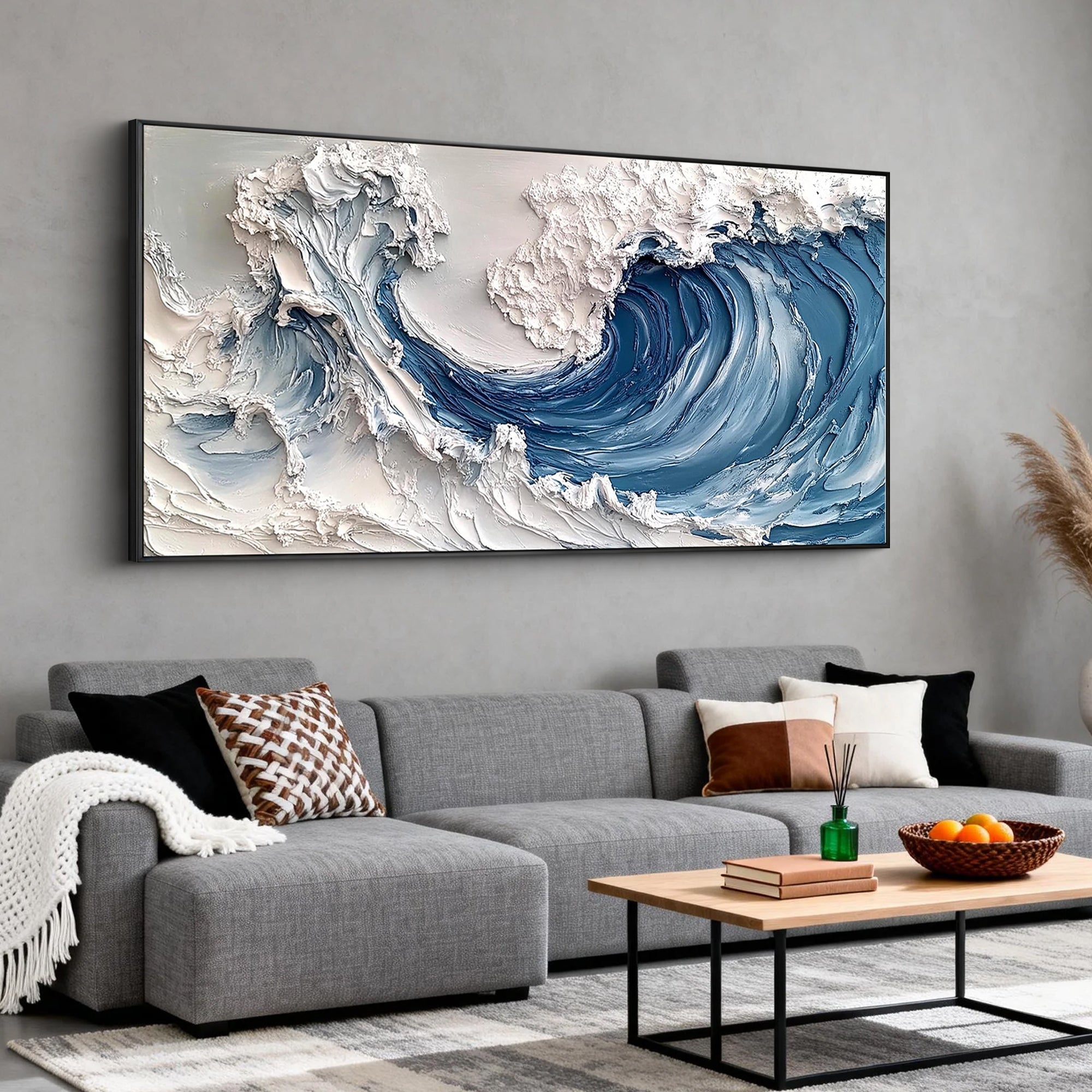 Majestic Crest – Hand-Painted Deep Blue Ocean Wave 3D Nature Painting | Coastal Modern Living Room & Bedroom Art