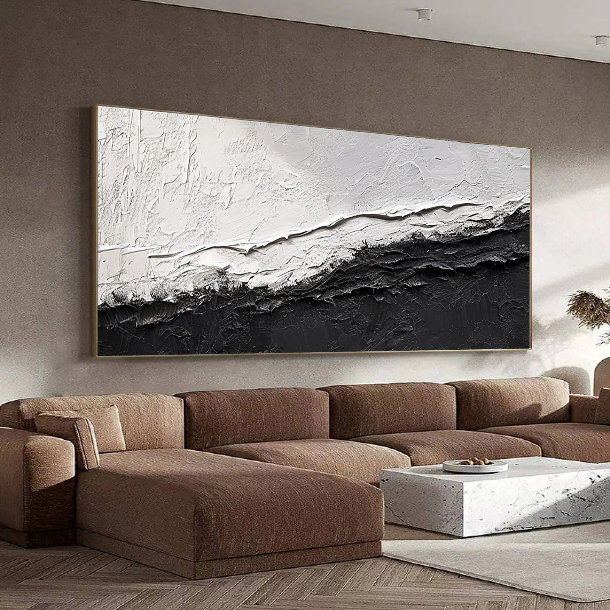 Mono Divide – Industrial Minimalist Black & White Painting | Textured Abstract Living Room Art