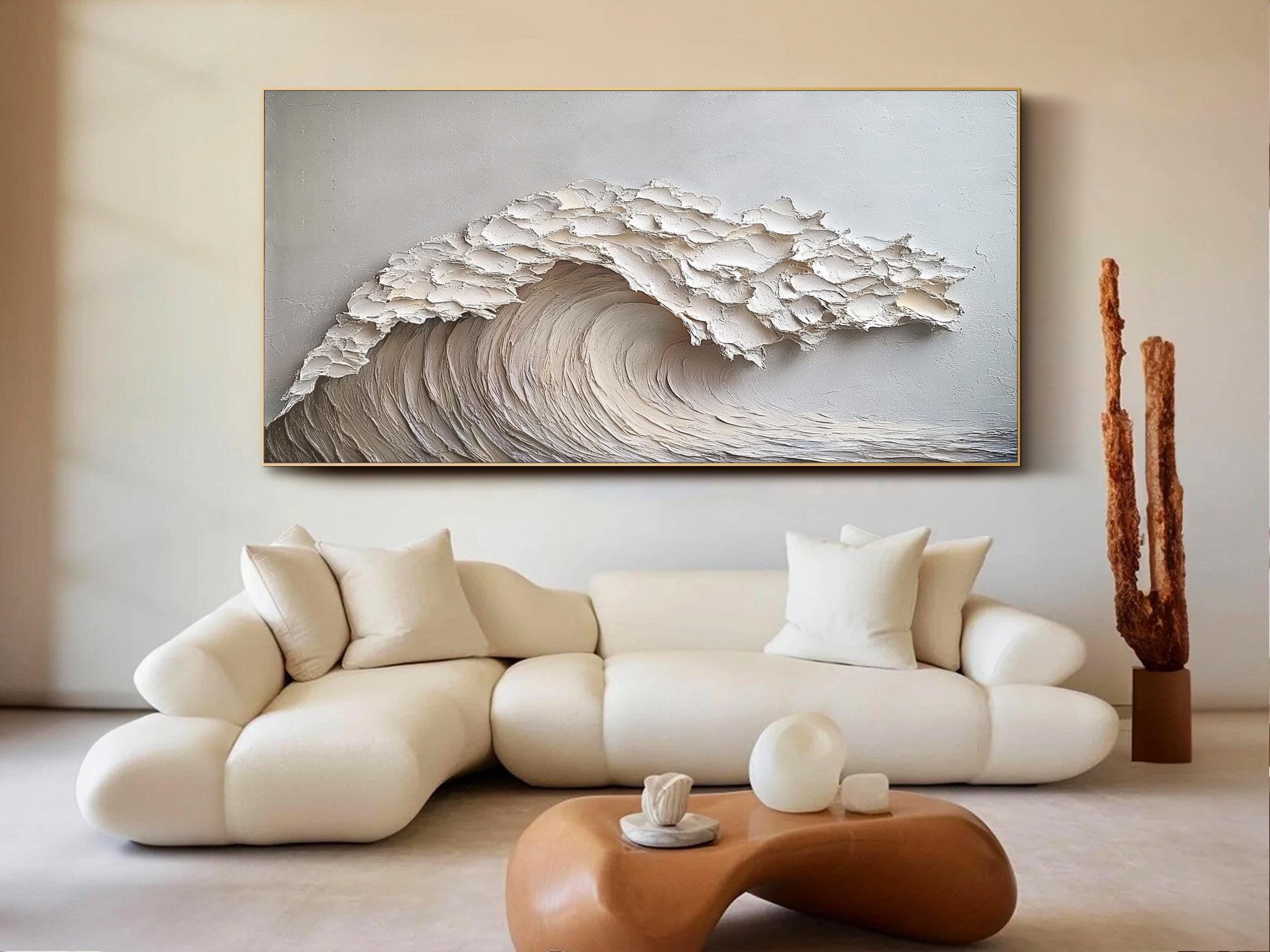 Snow Tide – Hand-Painted Minimalist White Ocean Wave 3D Plaster Relief Texture Painting | Coastal Modern Living Room & Bedroom Art