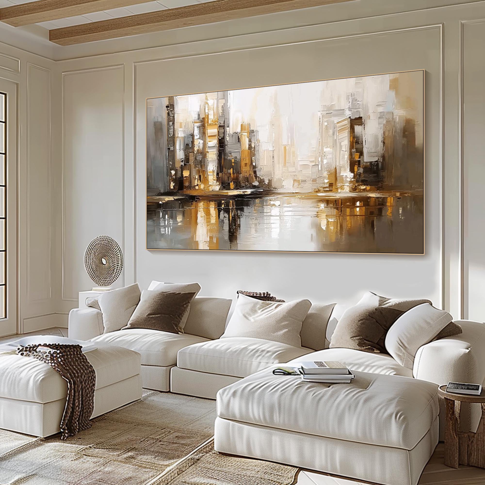 Urban Gold – Hand-Painted Industrial Gold and Grey Skyline Palette Knife Cityscape Painting | Modern Abstract Living Room & Office Art