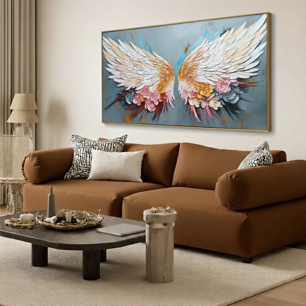 Celestial Wings – Hand-Painted Floral Palette Knife 3D Angel Painting | Contemporary Botanical Bedroom & Living Room Art