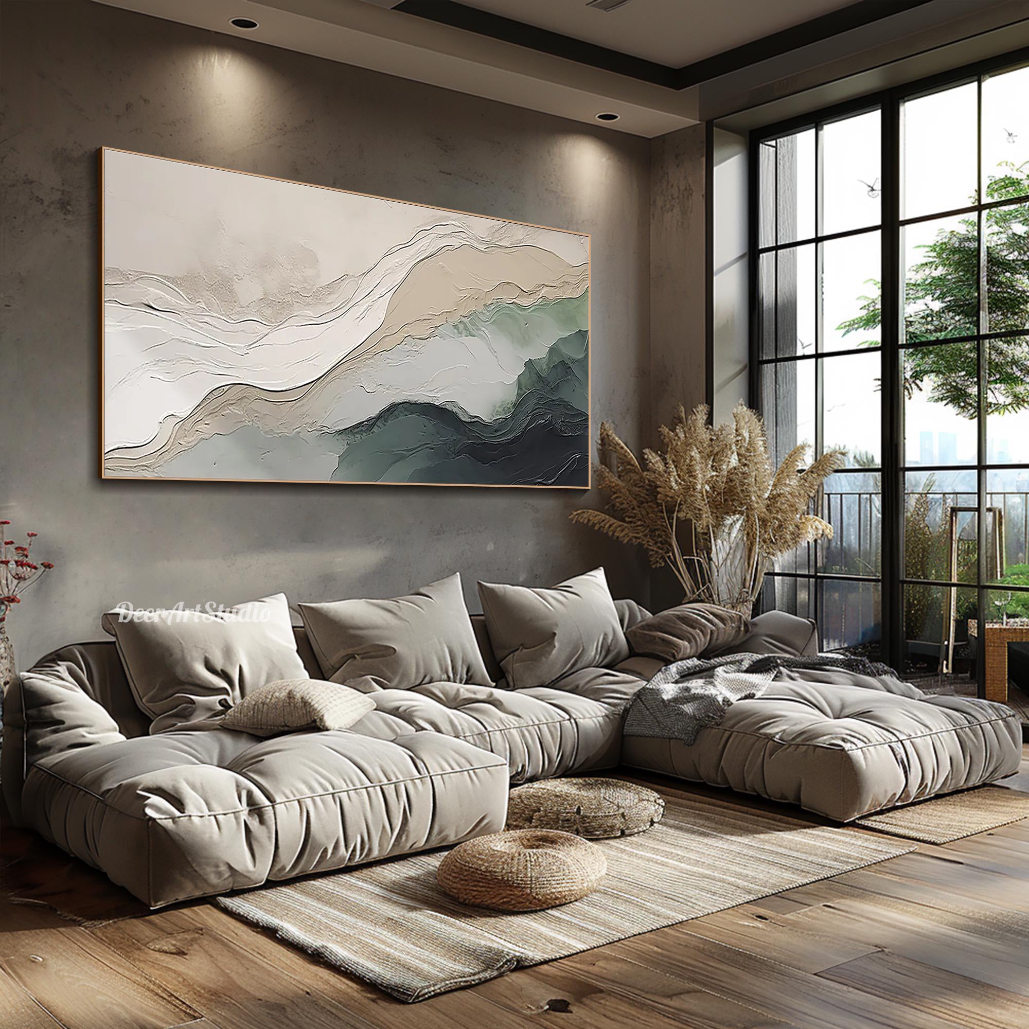 Serene Ridge – Hand-Painted Sage Green and Beige Plaster Effect Relief Landscape Painting | Contemporary Landscape Living Room & Dining Room Art
