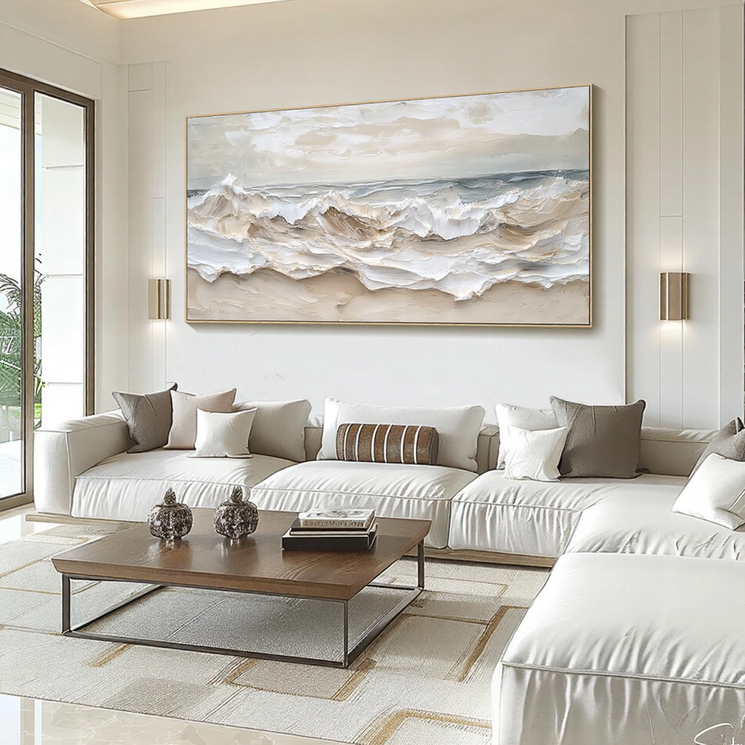 Whipped Tides – Hand-Painted Creamy White Ocean Wave Plaster Effect Seascape Painting | Coastal Modern Living Room & Bedroom Art