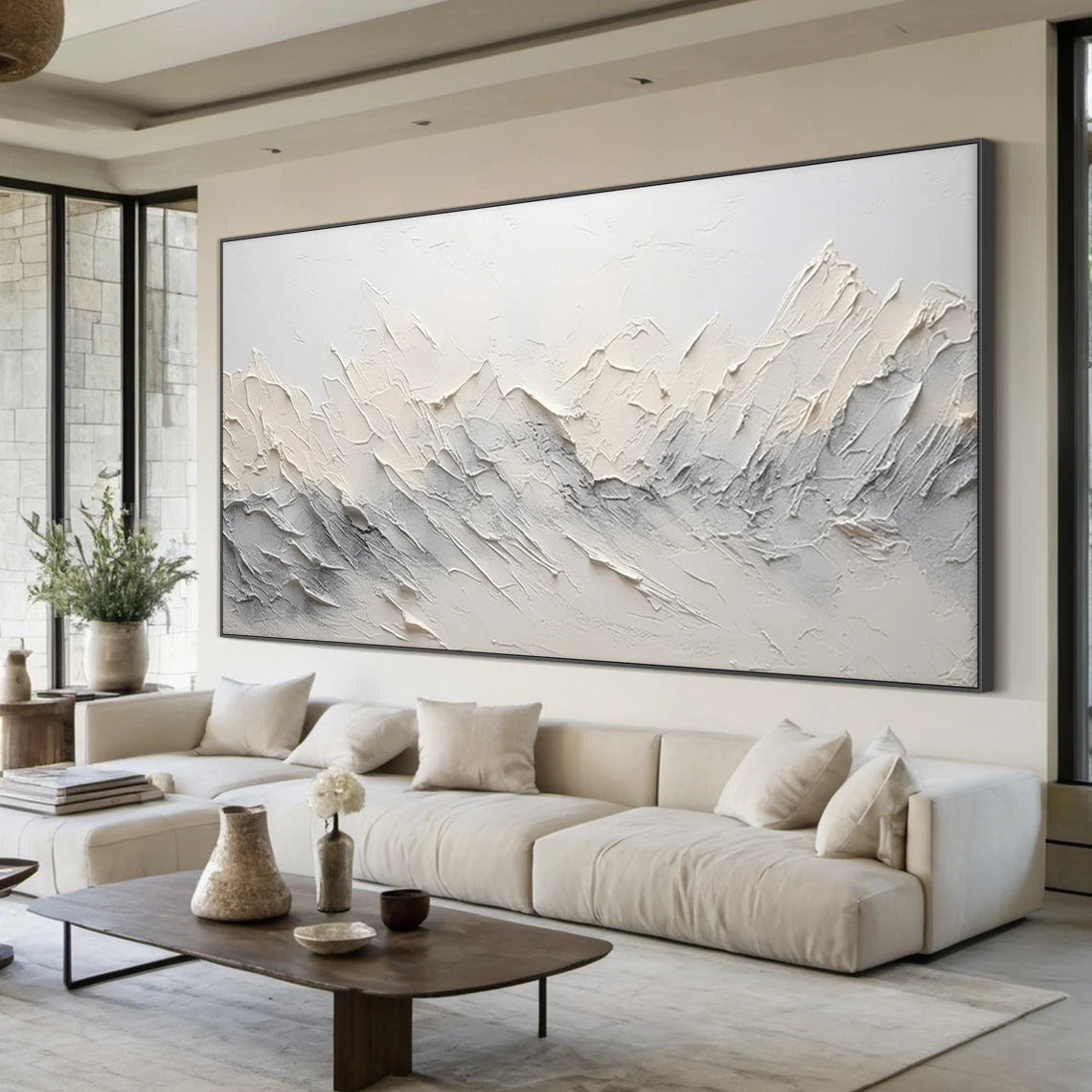 Snowy Peaks – Hand-Painted Plaster Effect 3D Palette Knife Mountain Painting | Contemporary Mountain Living Room & Home Office Art