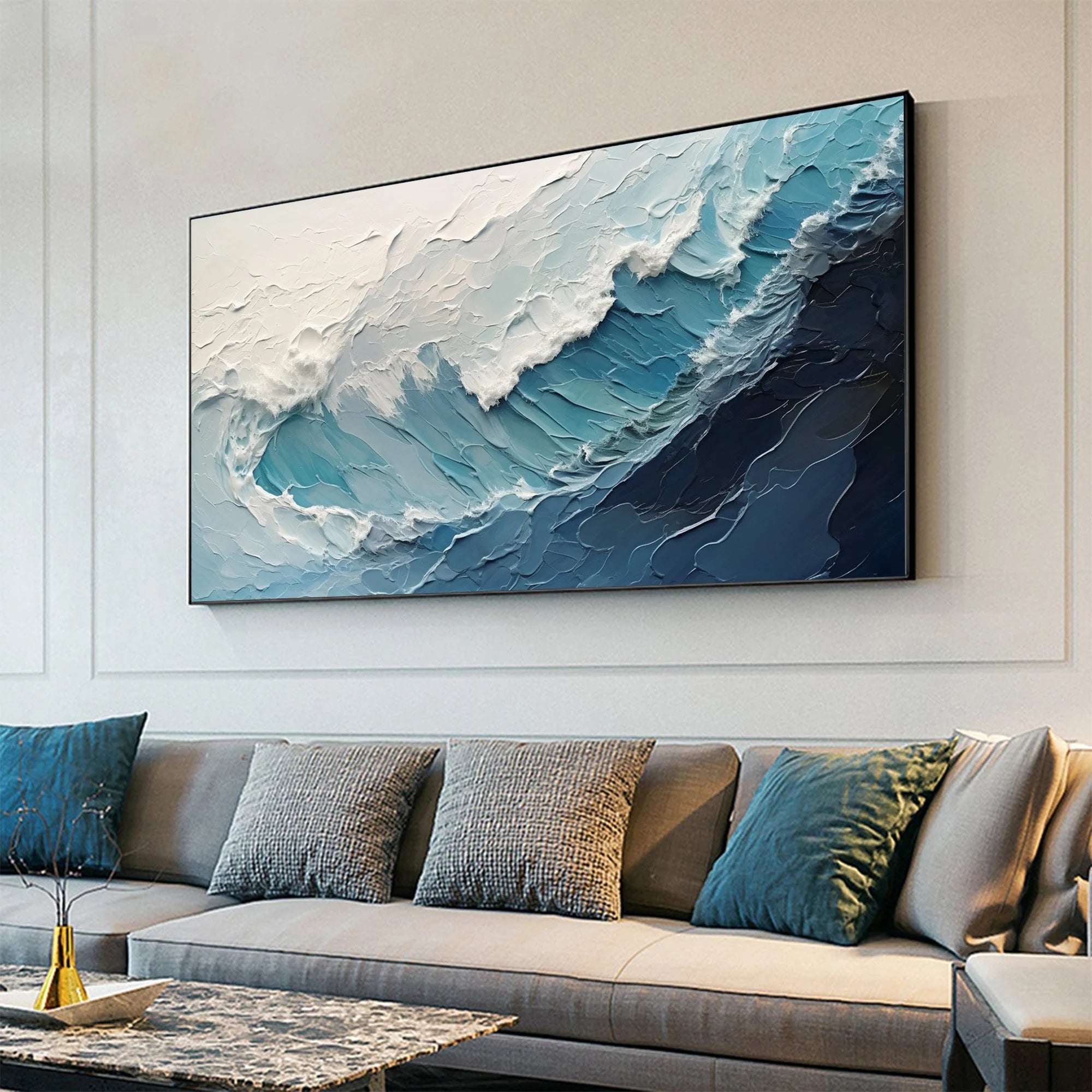 Ocean Surge – Hand-Painted Blue and White Ocean Wave Palette Knife Seascape Painting | Coastal Modern Living Room & Bedroom Art
