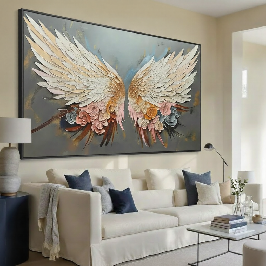 Angelic Bloom – White Feather & Pink Floral Relief Texture Painting | Contemporary Botanical Bedroom & Living Room Art