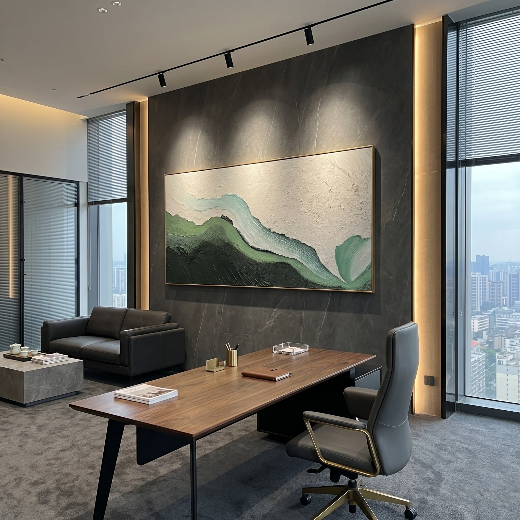 Mossy Earth – Panoramic Heavy Texture Green Abstract Painting | Wabi-sabi Nature Inspired Living Room Art