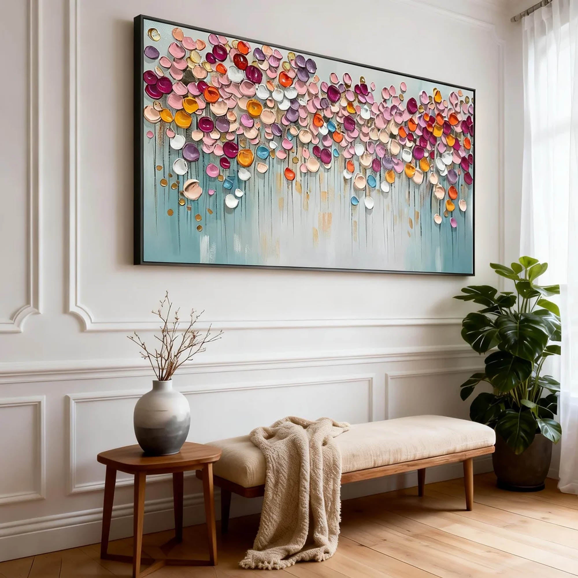Candy Bloom – Vibrant Mosaic Petal Relief Floral Painting | Vibrant Botanical Living Room & Dining Room Art