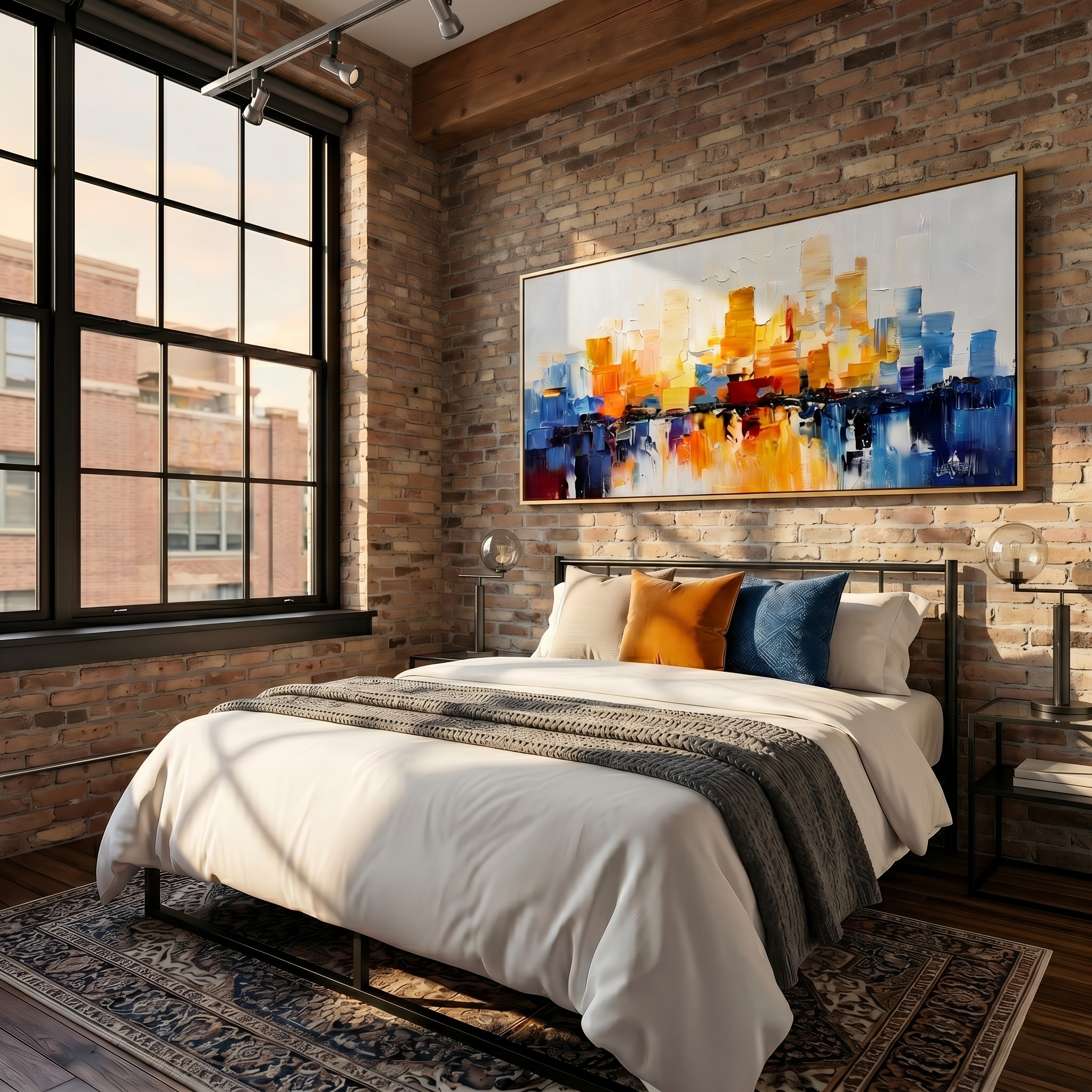 Dawn Metropolis – Modern Abstract Orange and Blue Impasto Cityscape Canvas | Vibrant Living Room Art