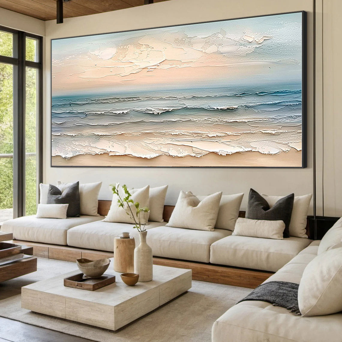 Ocean Whispers – Modern Creamy Coastal Seascape Textured Painting | Large Horizontal Living Room Art