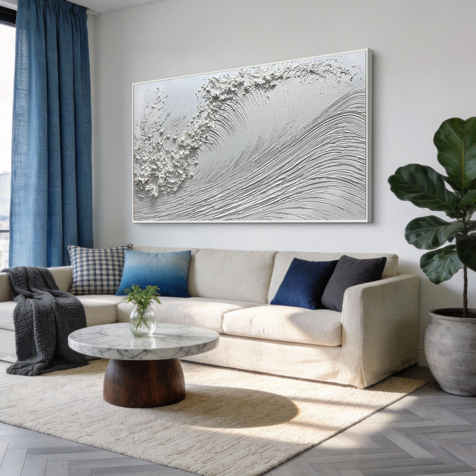 The Tidal Symphony – All White Minimalist Textured Ocean Wave Art | Wabi-Sabi Heavy Impasto Living Room Art