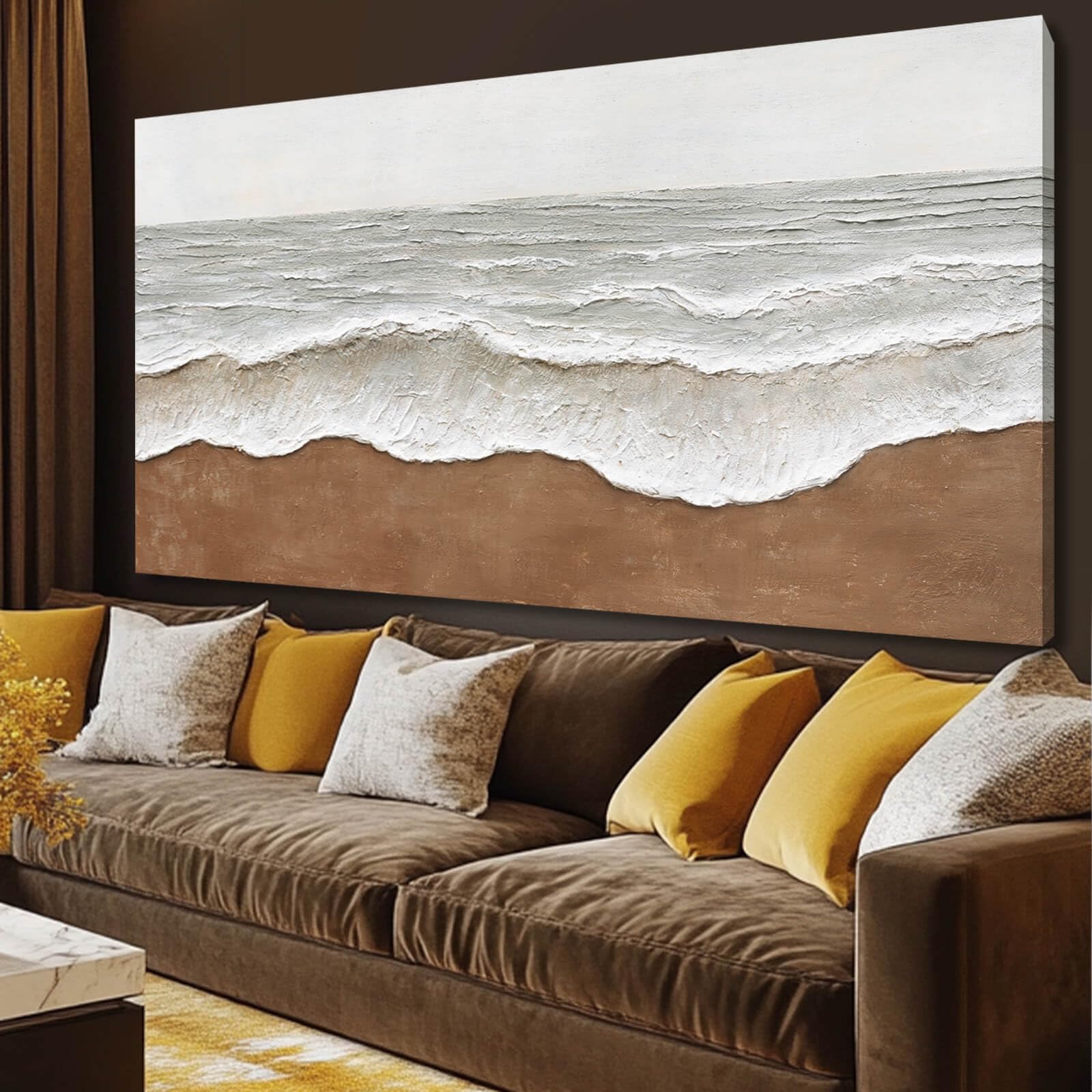 Sandy Reach – Wabi-Sabi Sand and Wave Relief Texture Painting | Contemporary Landscape Living Room & Dining Room Art