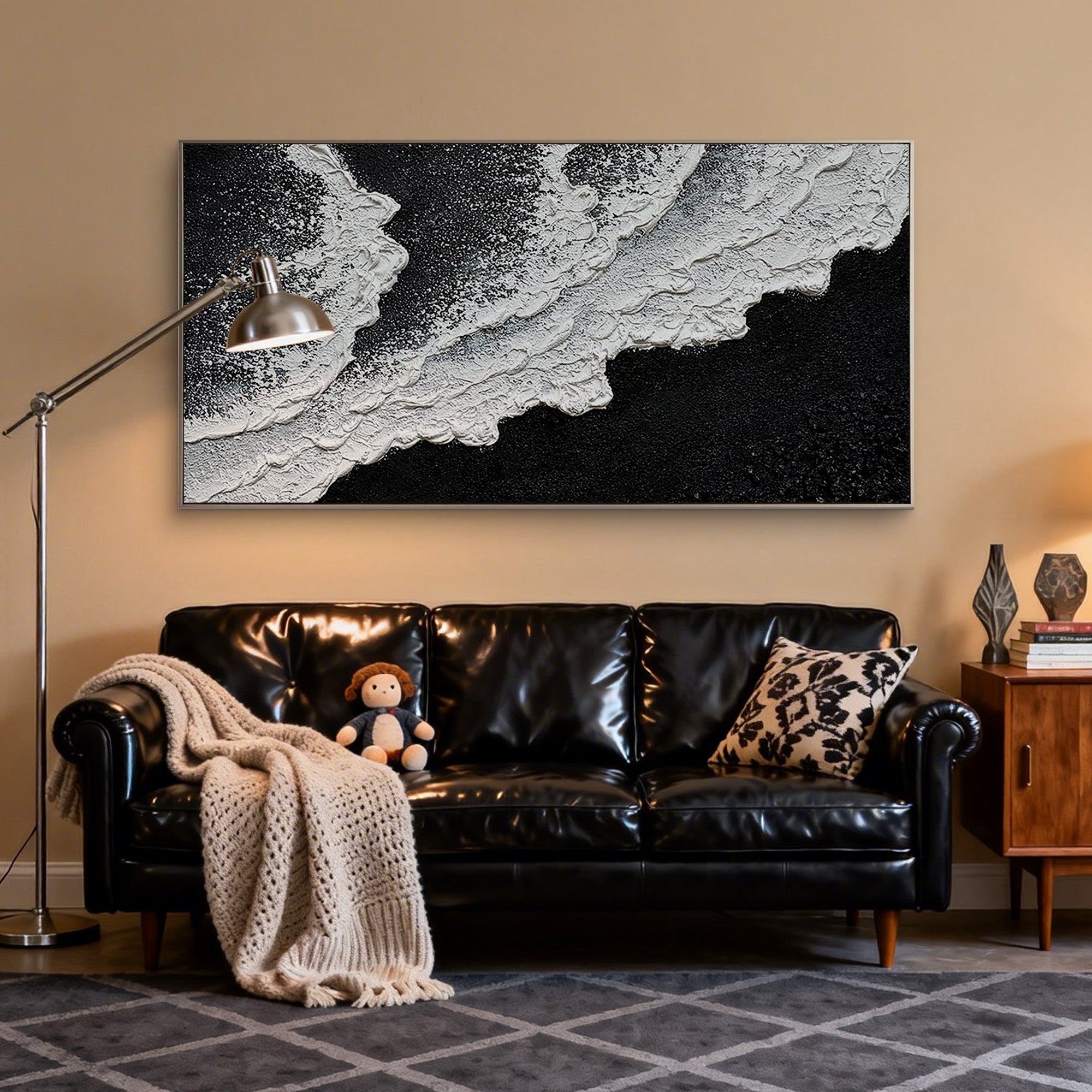 Realm of Undercurrents – Minimalist Black & White Textured Abstract Wave | Modern Luxury Living Room Art