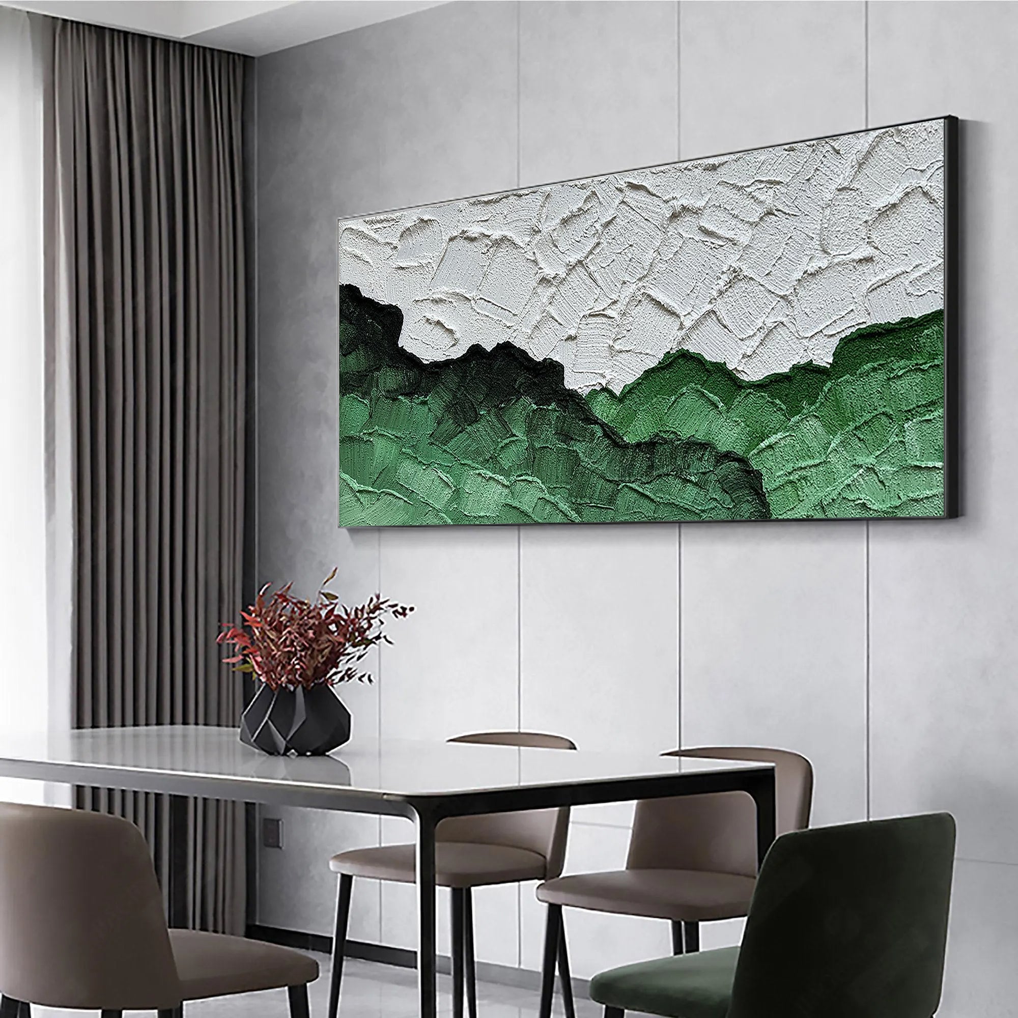 Emerald Ridge – Green & White Relief Abstract Texture Painting | Modern Abstract Living Room & Office Art