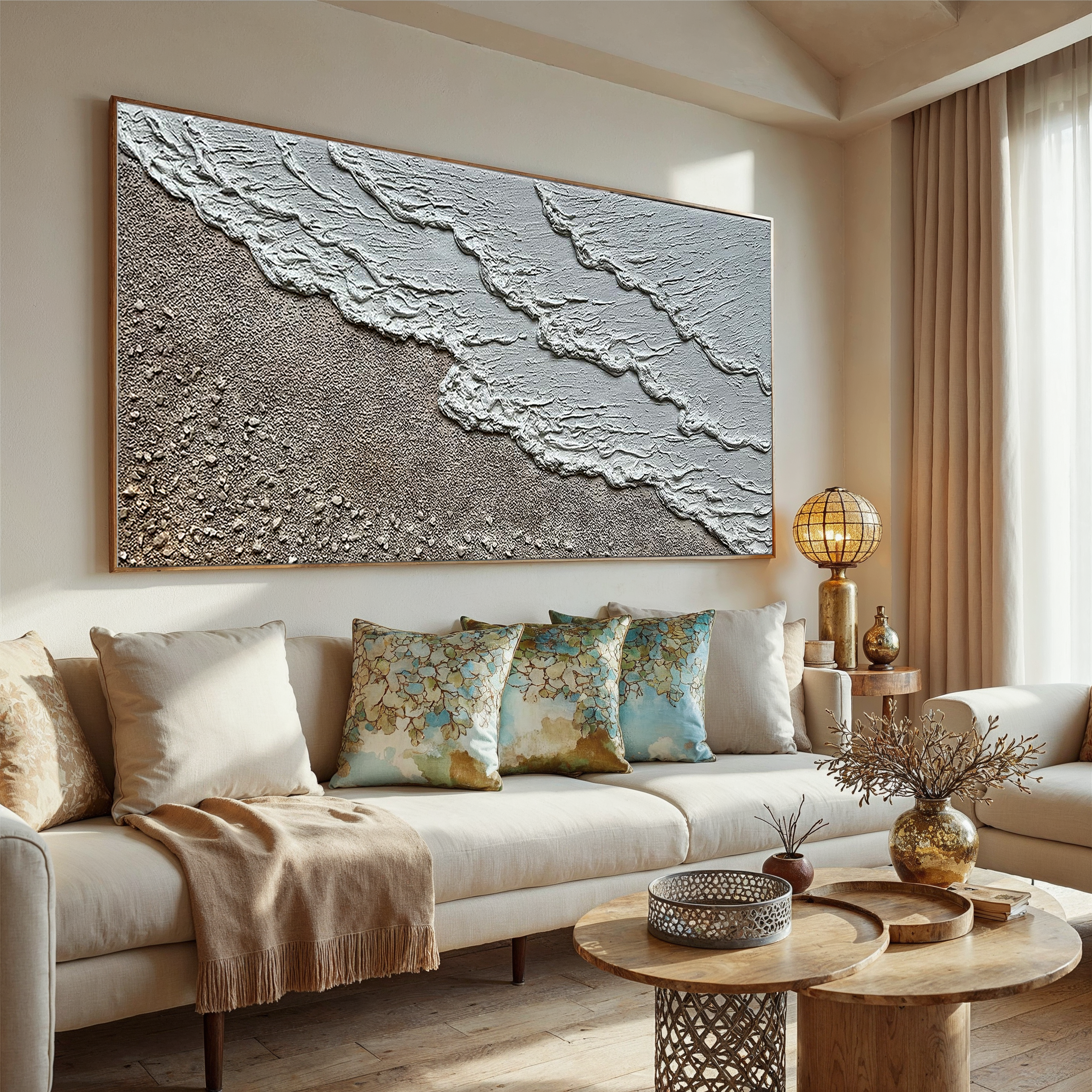 Coastal Reach – Wabi-Sabi Sand and Wave Relief Texture Painting | Contemporary Landscape Living Room & Dining Room Art
