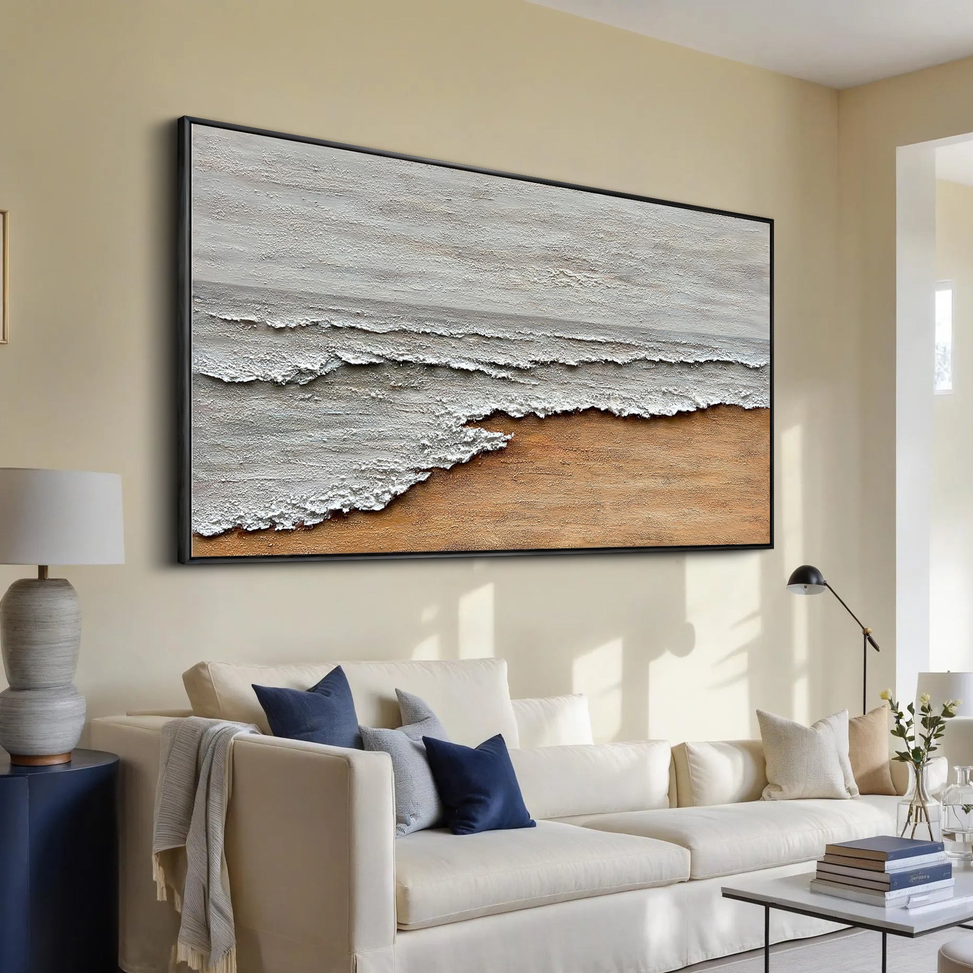 Coastal Echo – Wabi-Sabi Sand and Wave Relief Abstract Painting | Contemporary Landscape Living Room & Dining Room Art