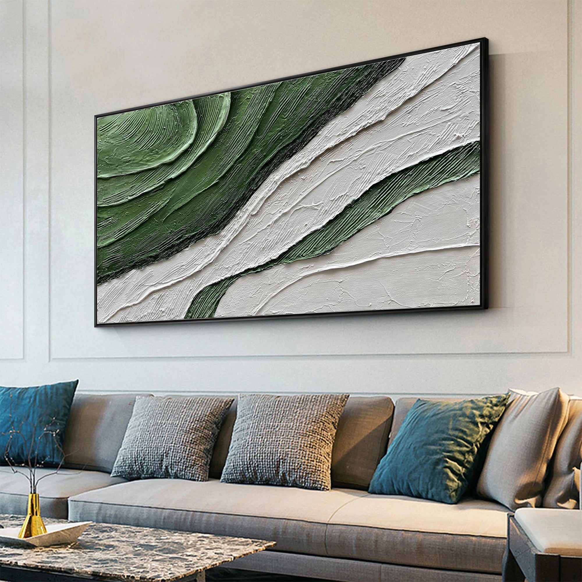 Verdant Echoes – Modern Wabi-Sabi Green Textured Painting | Minimalist Abstract Living Room Art