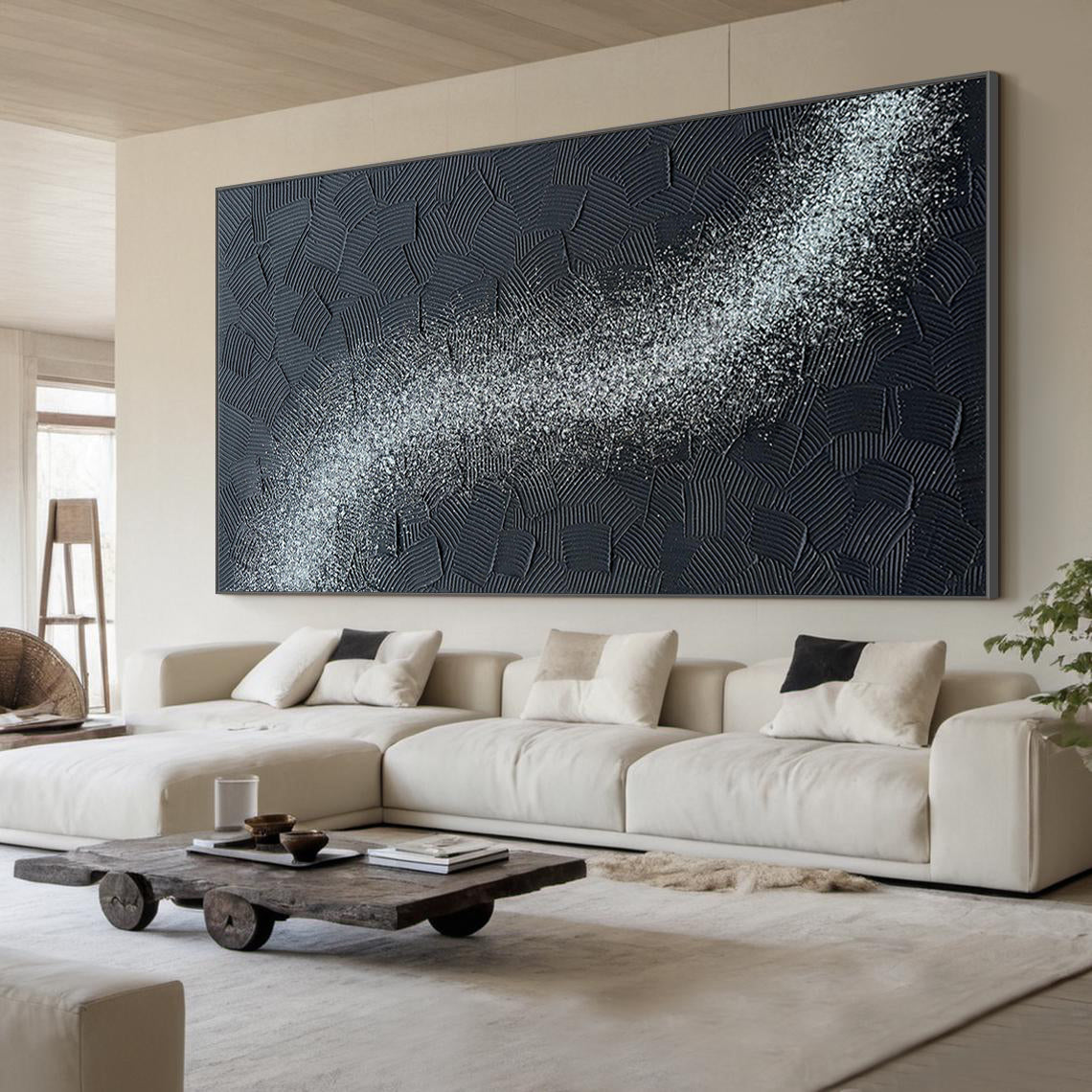 Celestial Flow – Midnight Blue and Silver Relief Abstract Painting | Modern Abstract Living Room & Office Art