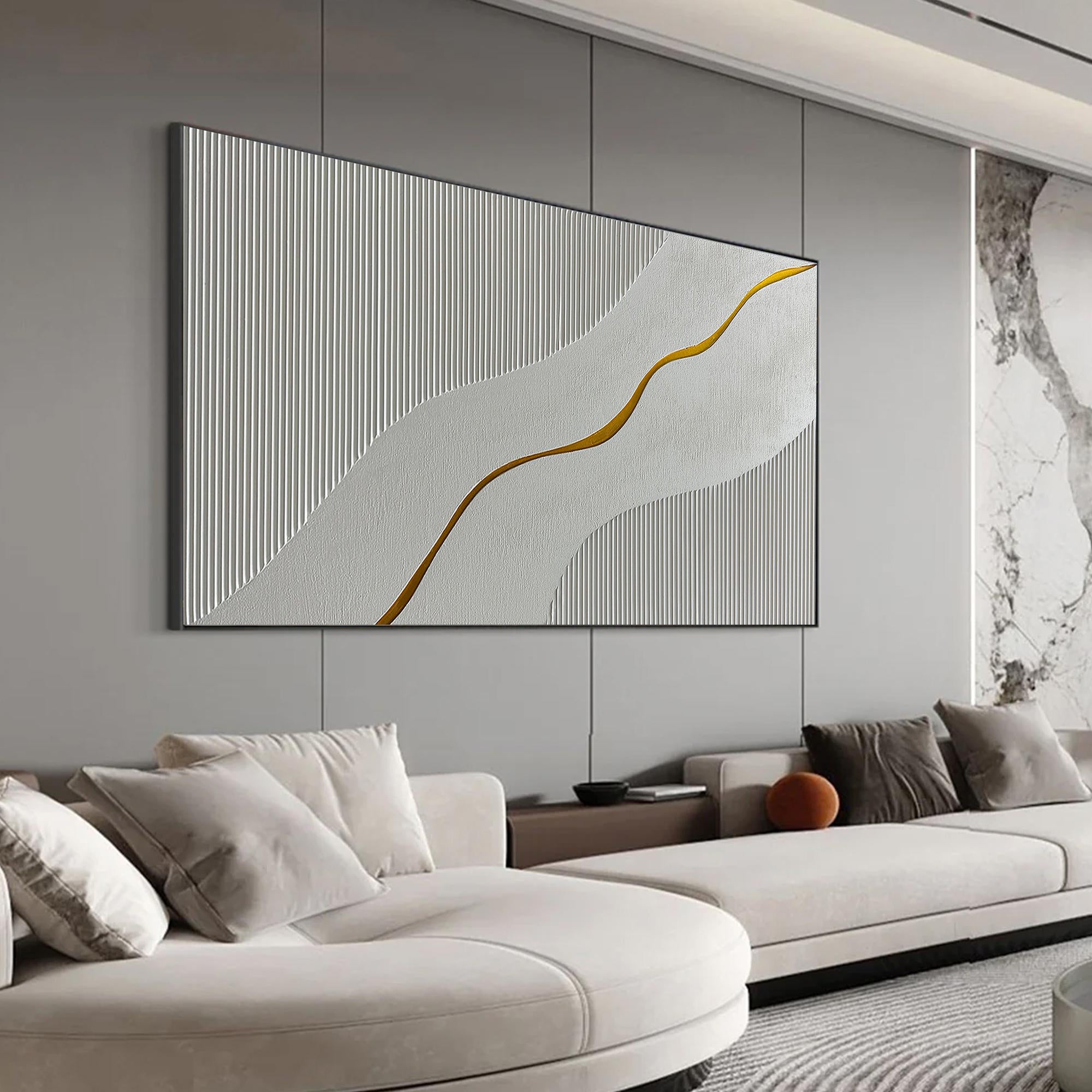 Vein of Gold – Wabi-Sabi White Textured Abstract Art with Gold Line | Modern Luxury Living Room Art