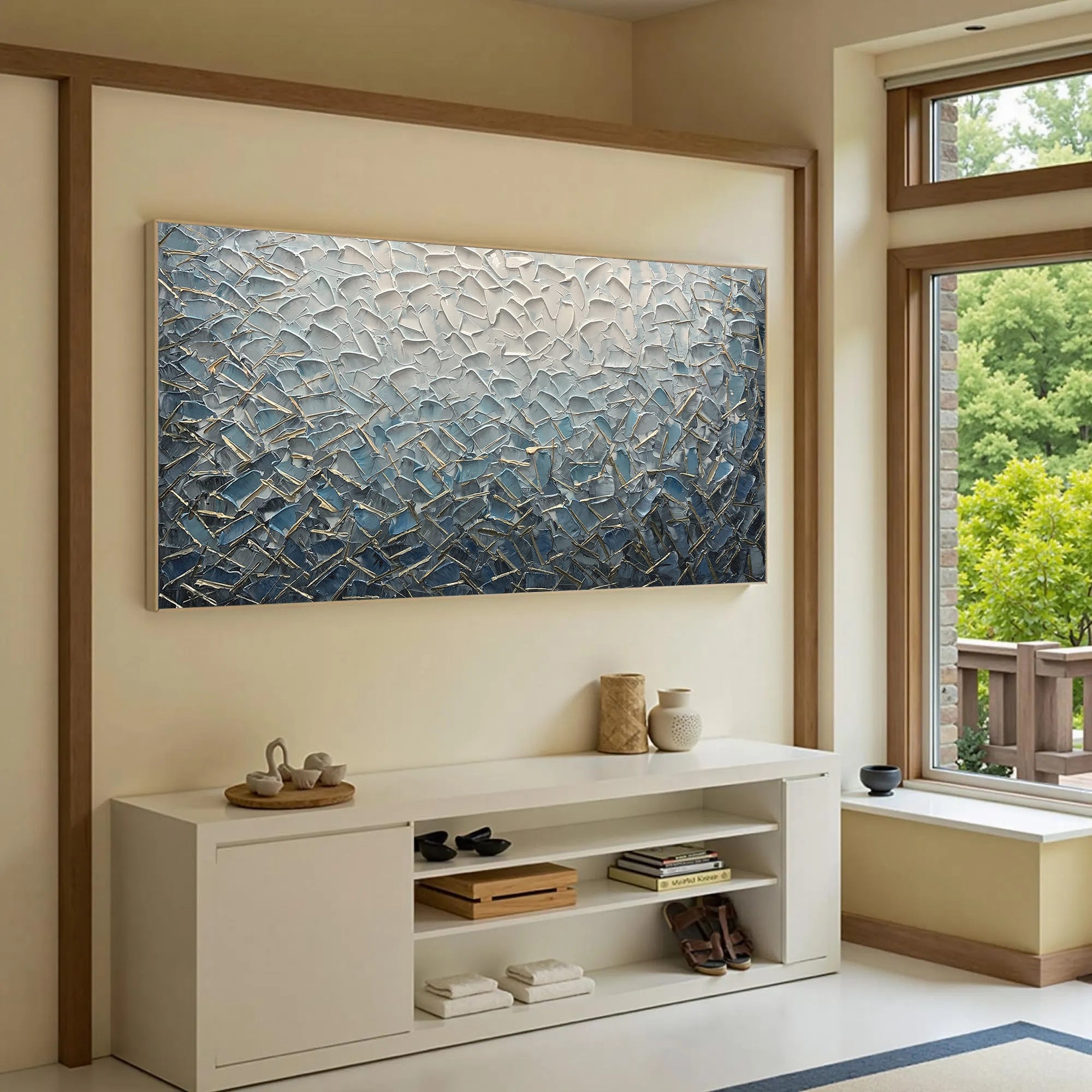 Azure Weave – Modern Blue and Silver Plaster Abstract Painting | Modern Abstract Living Room & Office Art