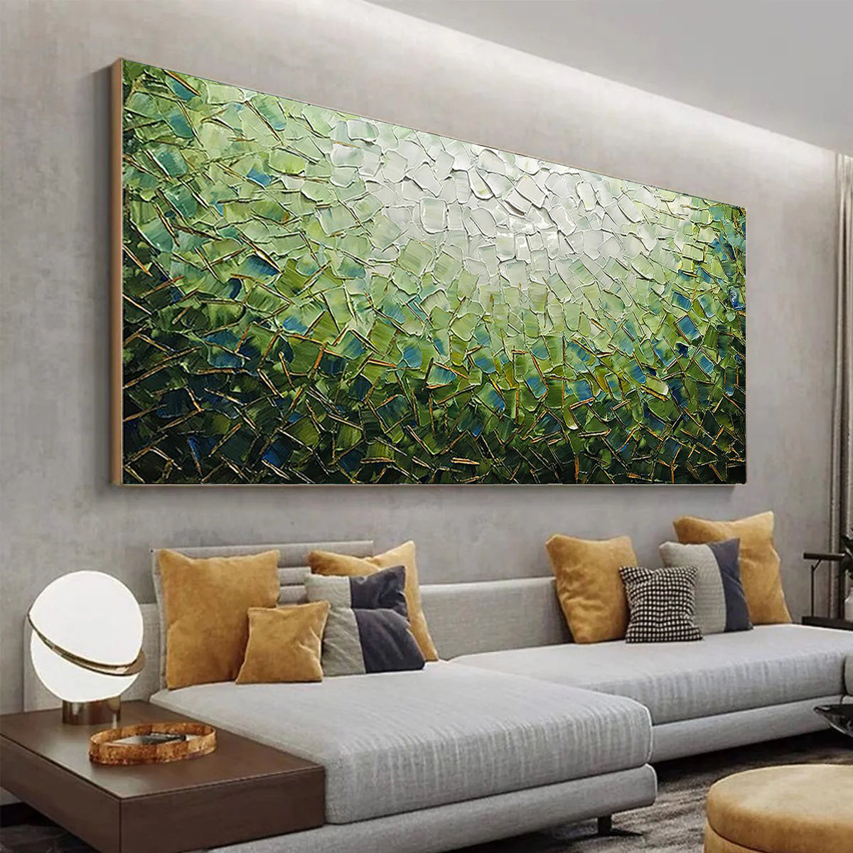 Emerald Radiance – Green and Gold Impasto Landscape Abstract Painting | Contemporary Landscape Living Room & Dining Room Art