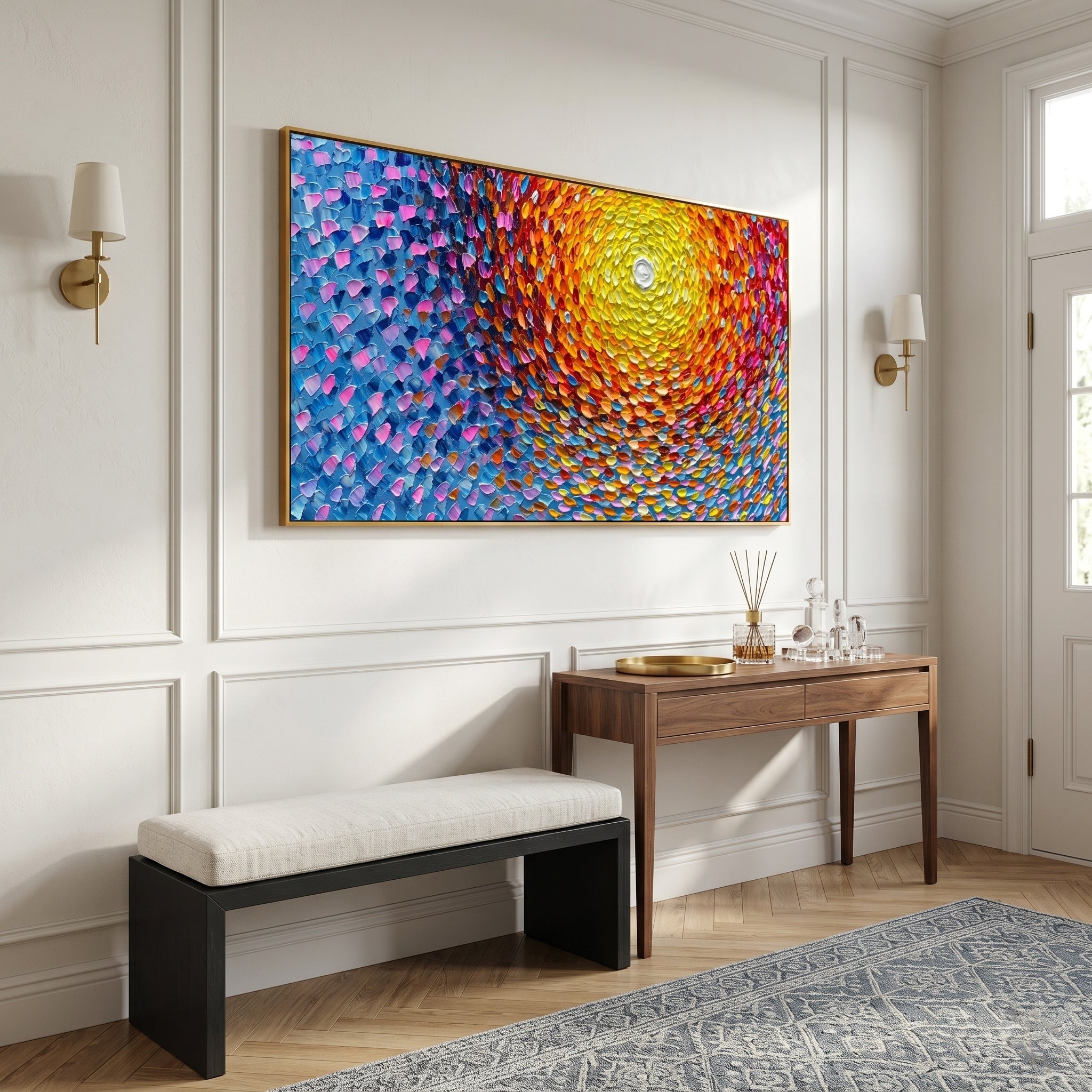 Light of Dawn – Abstract Pointillism Impasto Sunrise | Modern Warm-Cool Contrast Living Room Art