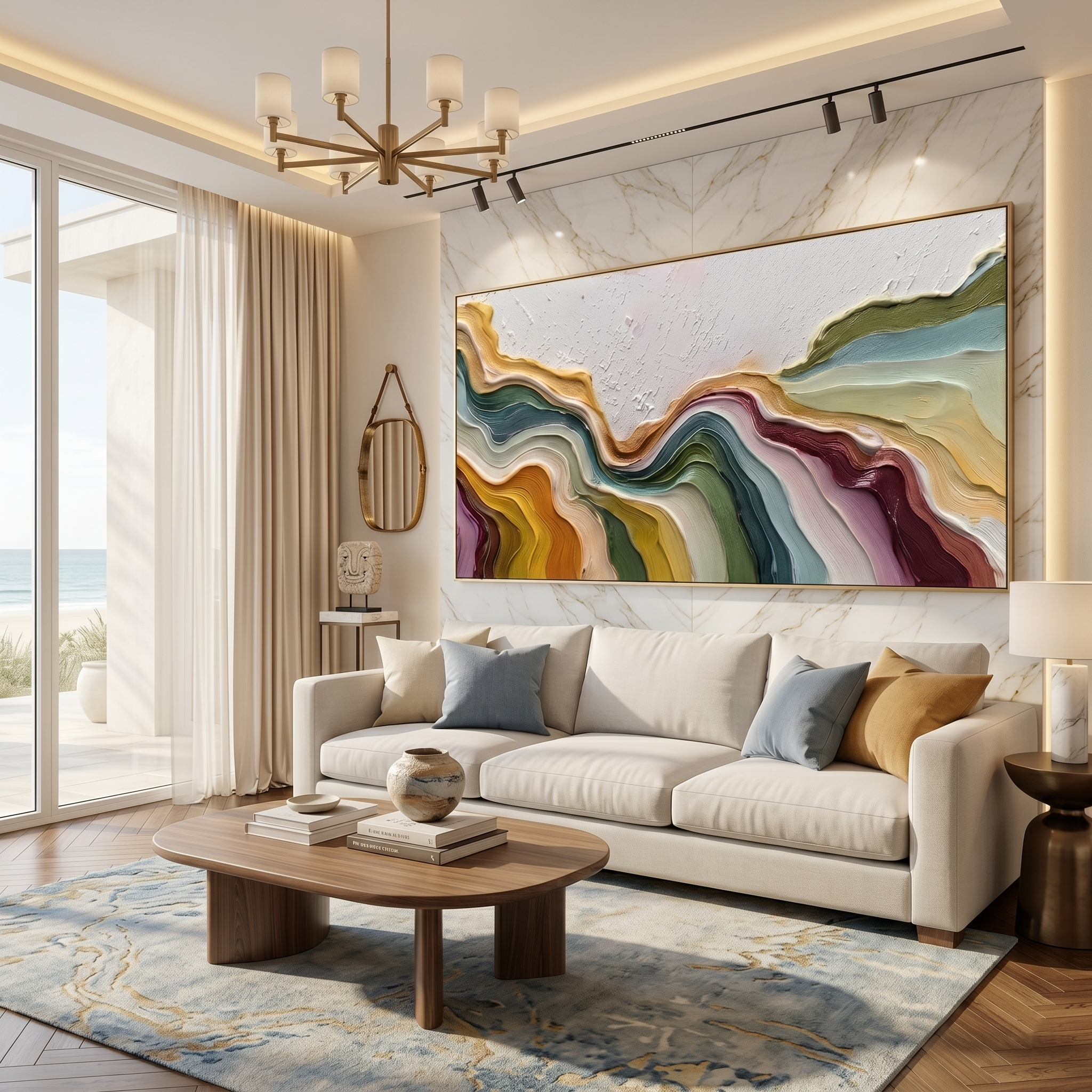 Flowing Rhythms – Heavy Texture Colorful Fluid Abstract Painting | Minimalist Horizontal Entryway Art
