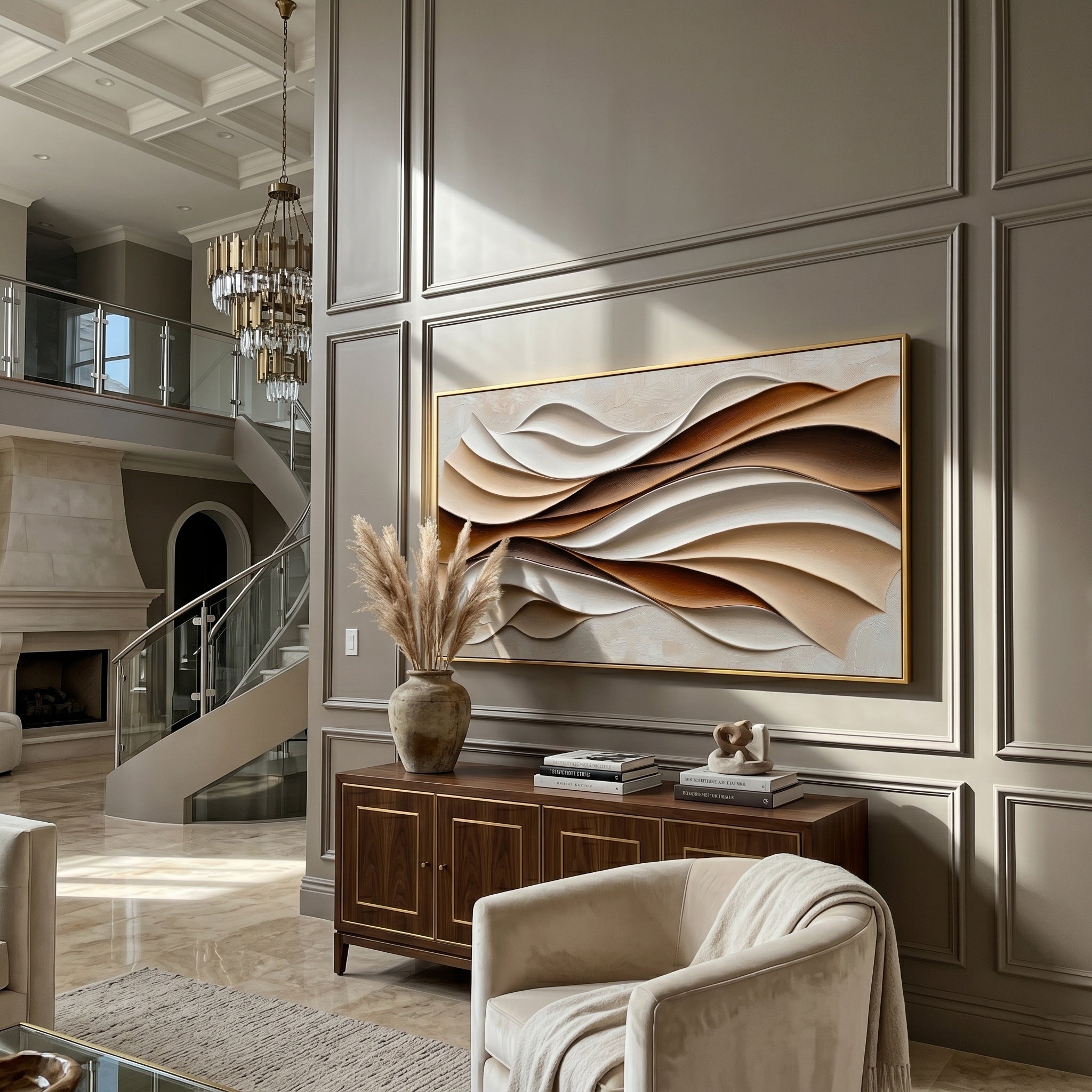 Caramel Contours – Modern Cream & Brown 3D Curved Relief Art | Minimalist Geometric Living Room Art