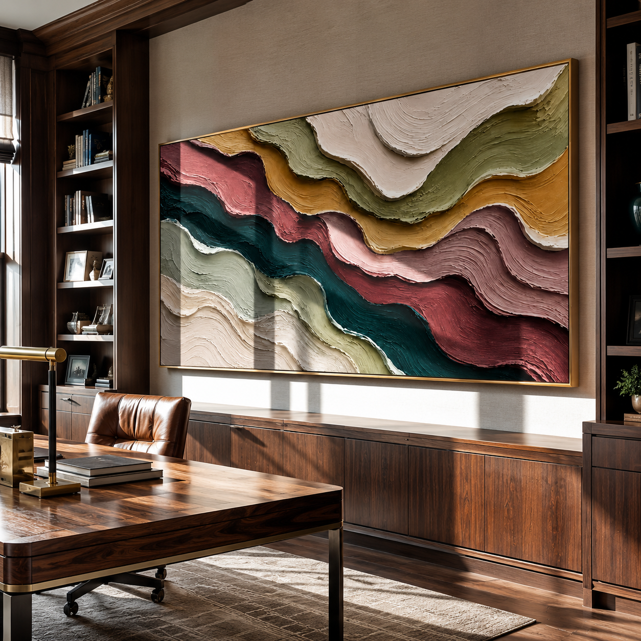 Strata in Quiet Descent displayed above a living room sofa in a warm modern interior