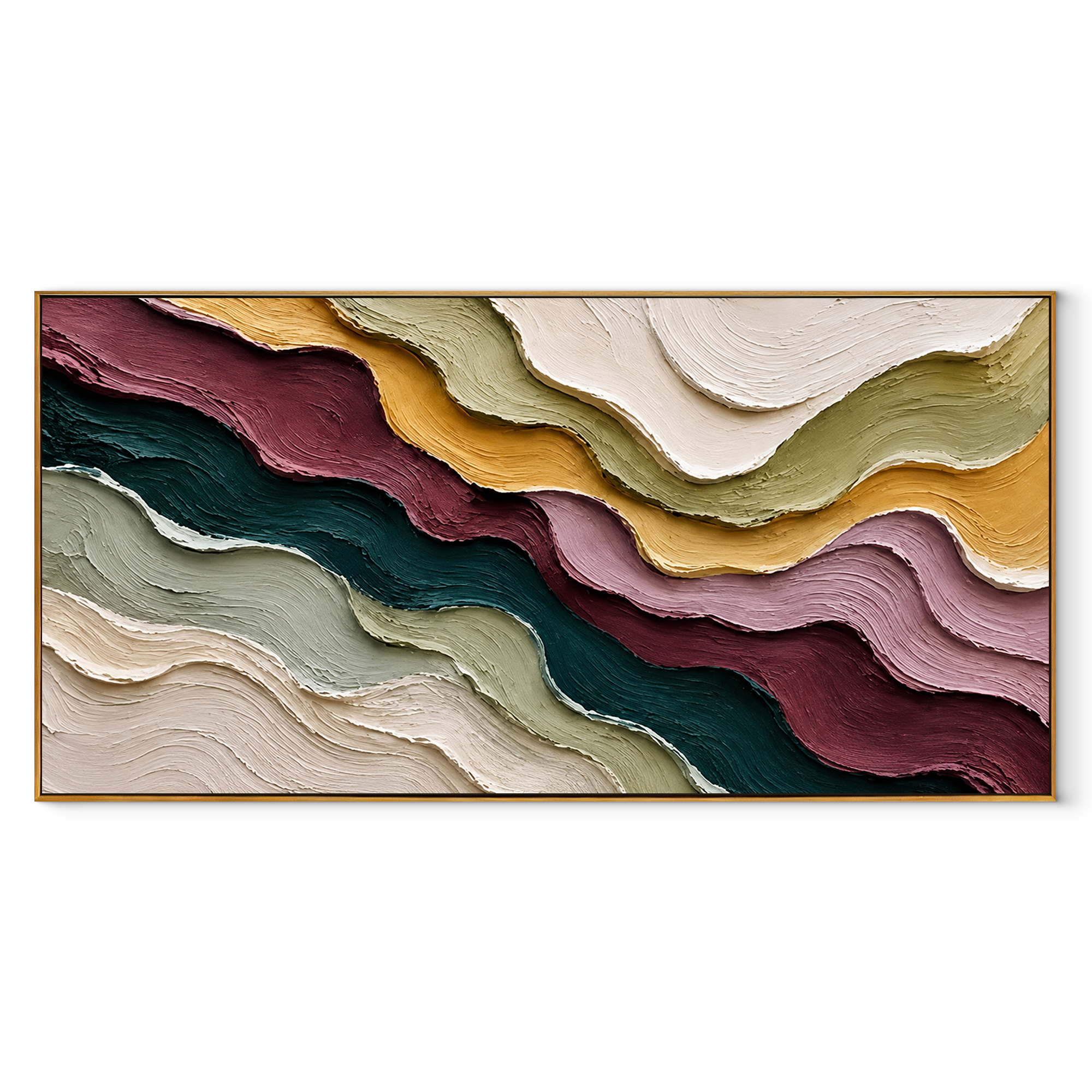 Strata in Quiet Descent green burgundy panoramic textured abstract painting, horizontal canvas artwork