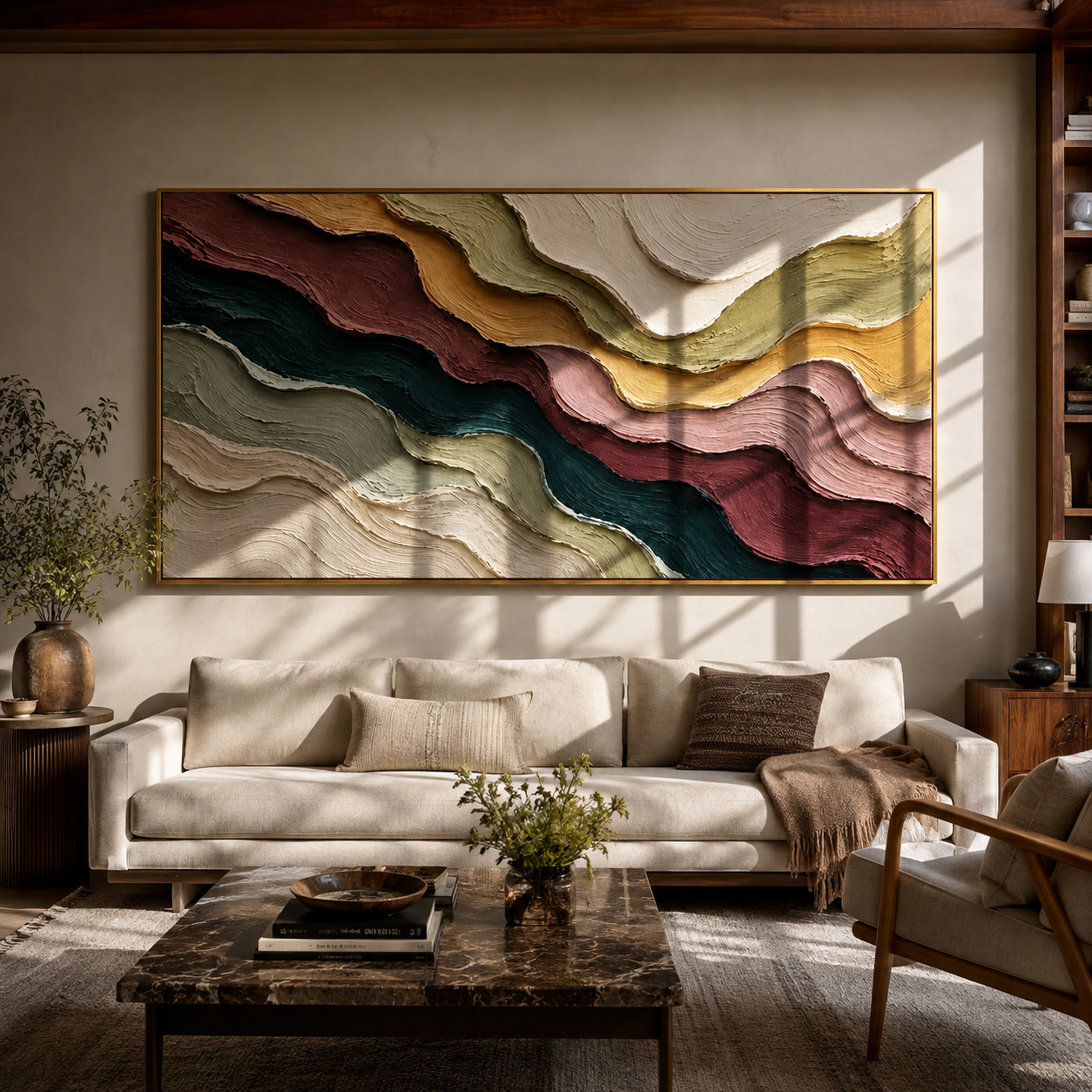 Strata in Quiet Descent styled in a quiet reading nook with neutral furnishings