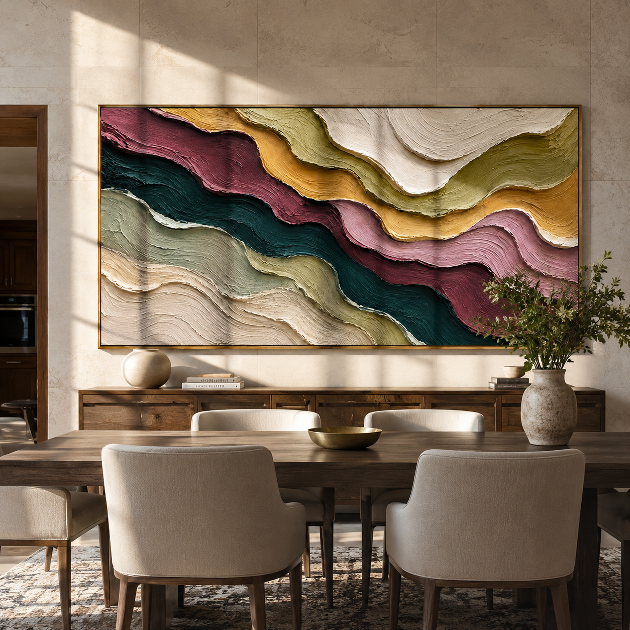 Strata in Quiet Descent presented over an entryway console in a contemporary home