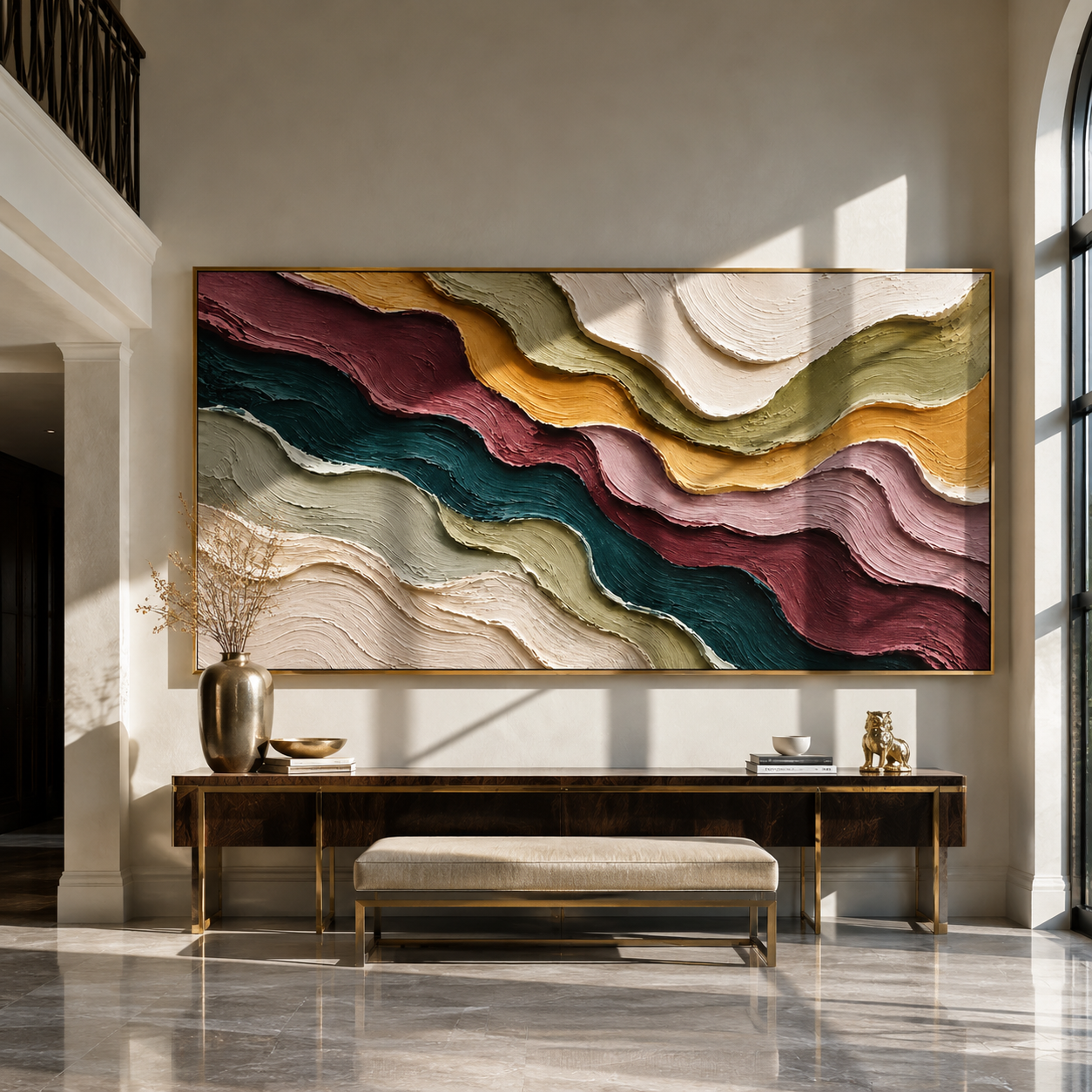 Strata in Quiet Descent styled above a bed in a calm, layered bedroom interior
